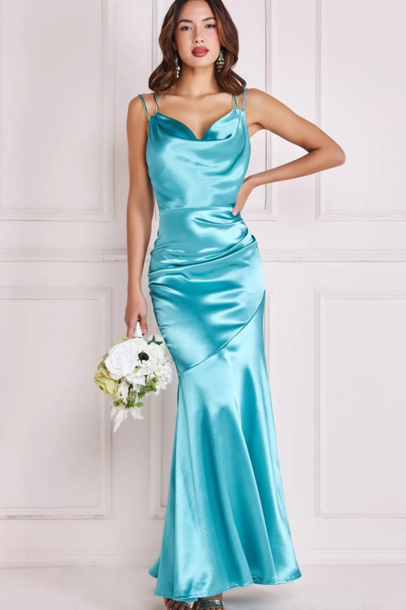 Maxi Dresses^* Satin Cowl Neck With Strappy Back Maxi Aqua