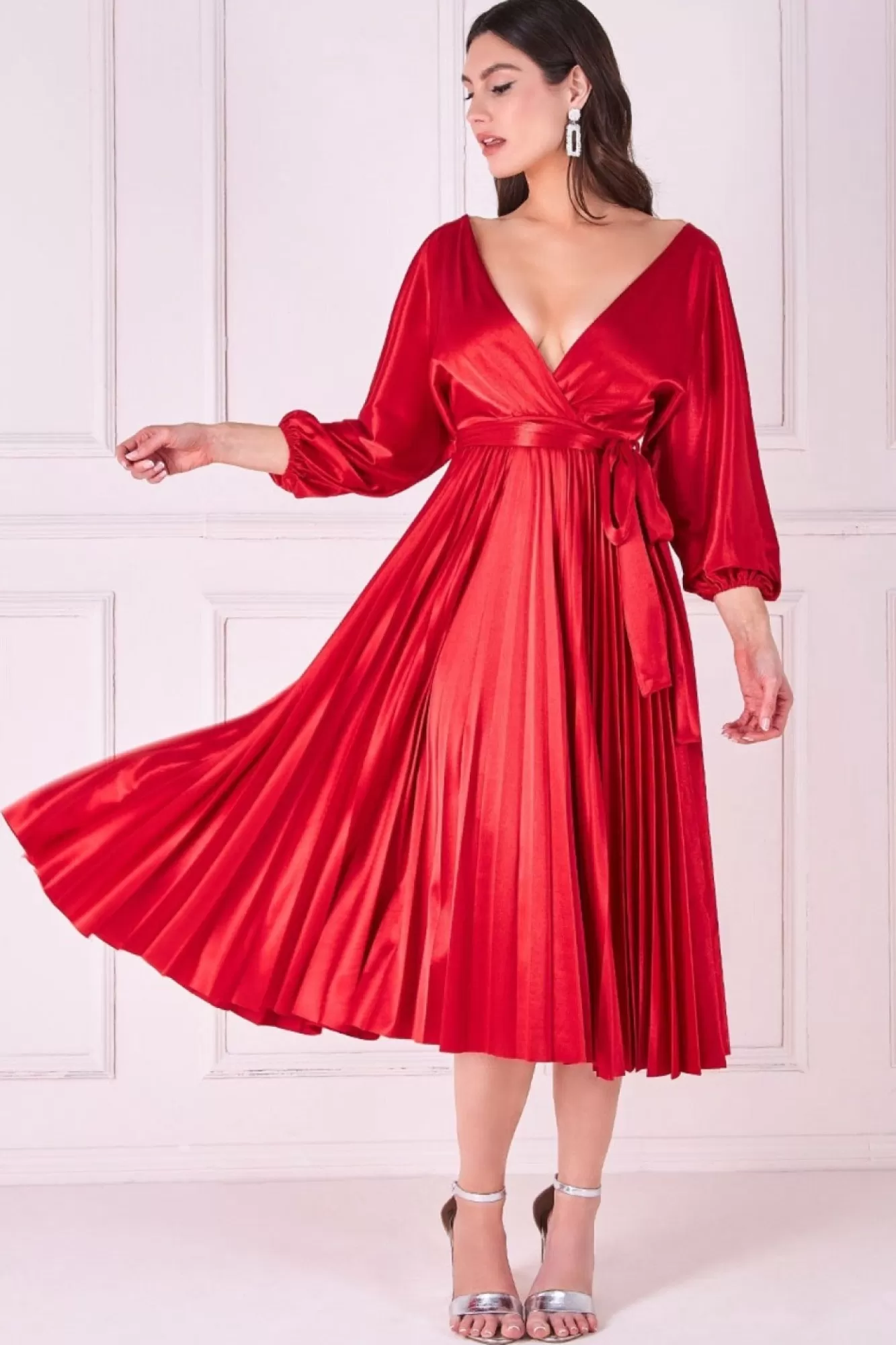 Midi Dresses^* Satin Pleated Skirt Wrap Midi Dress Red