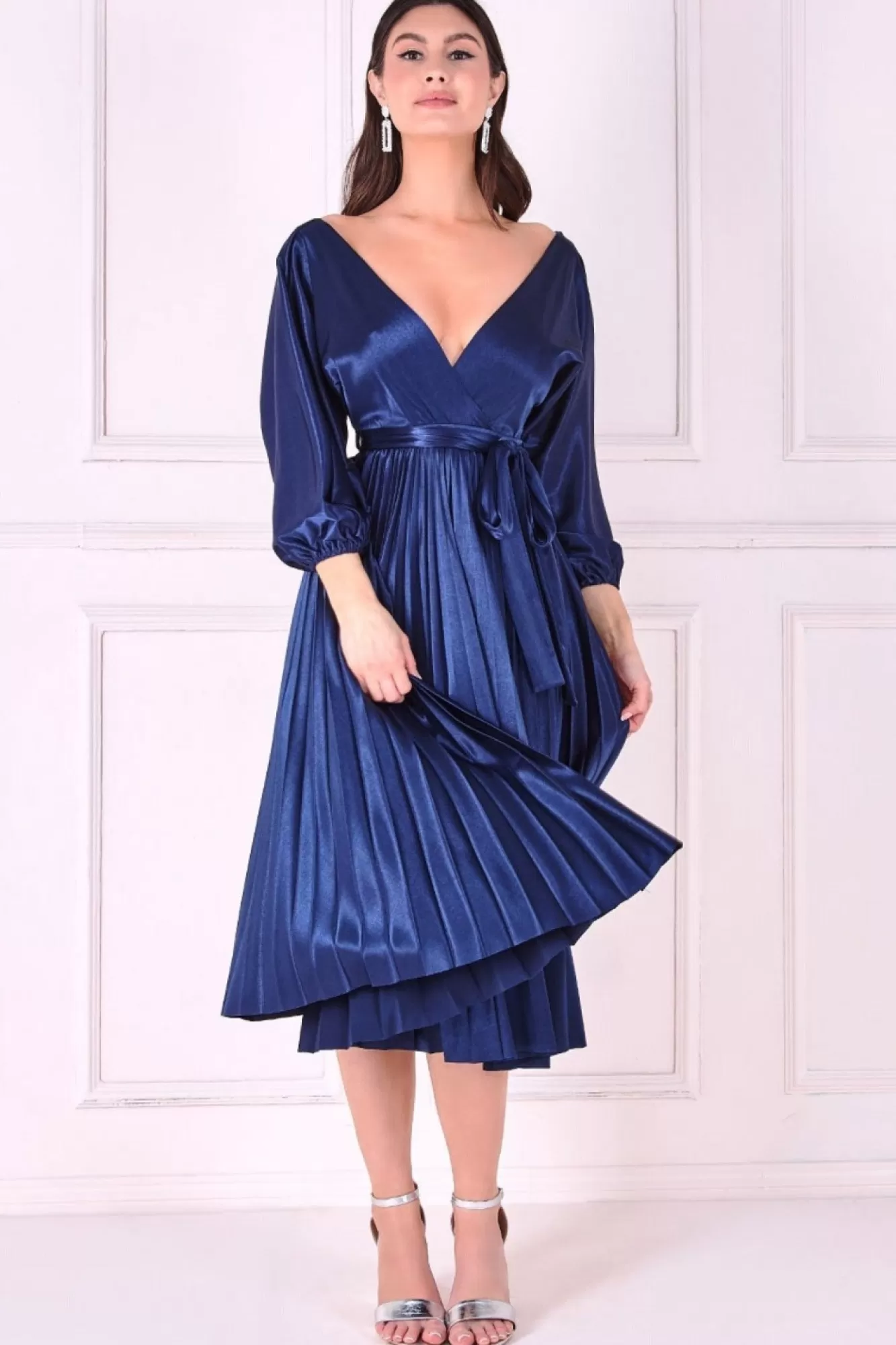 Midi Dresses^* Satin Pleated Skirt Wrap Midi Dress Navy