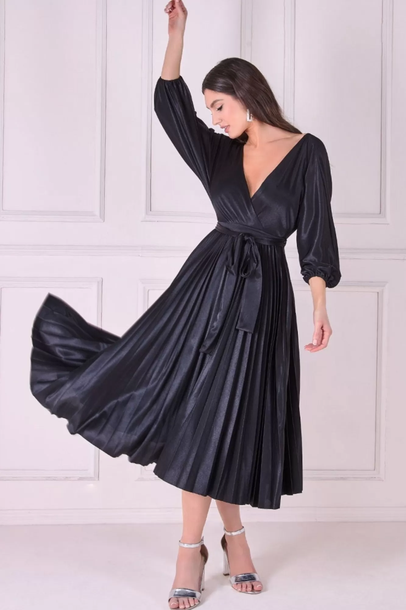 Midi Dresses^* Satin Pleated Skirt Wrap Midi Dress Black