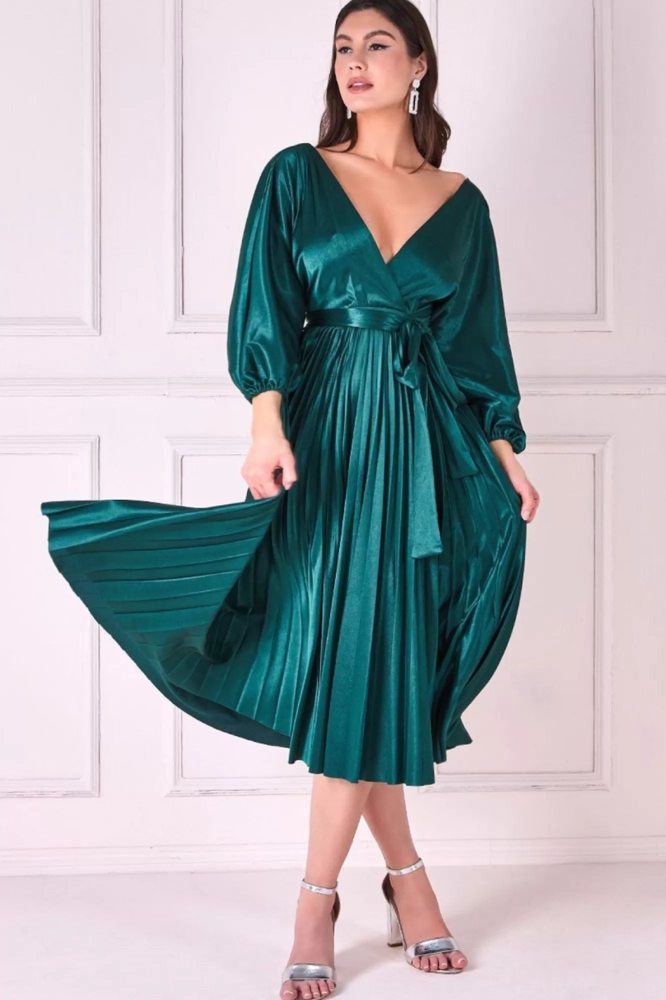 Midi Dresses^* Satin Pleated Skirt Wrap Midi Dress Emerald Green
