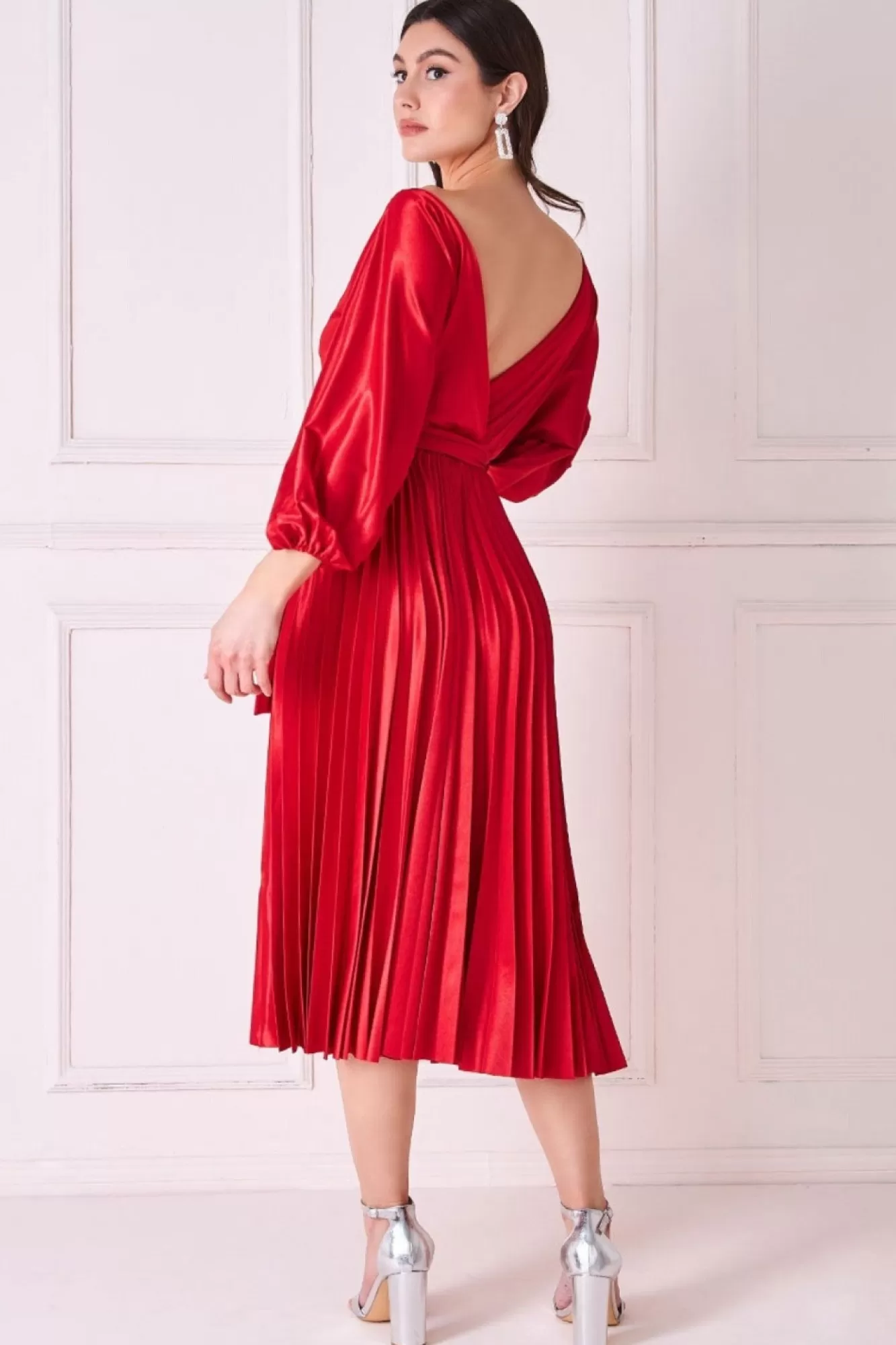 Midi Dresses^* Satin Pleated Skirt Wrap Midi Dress Red