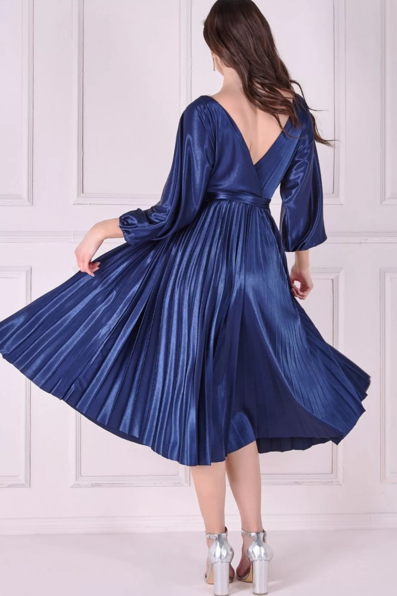Midi Dresses^* Satin Pleated Skirt Wrap Midi Dress Navy