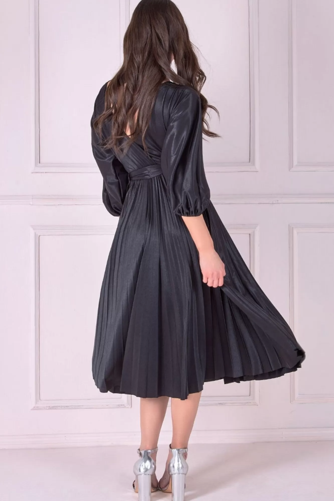 Midi Dresses^* Satin Pleated Skirt Wrap Midi Dress Black