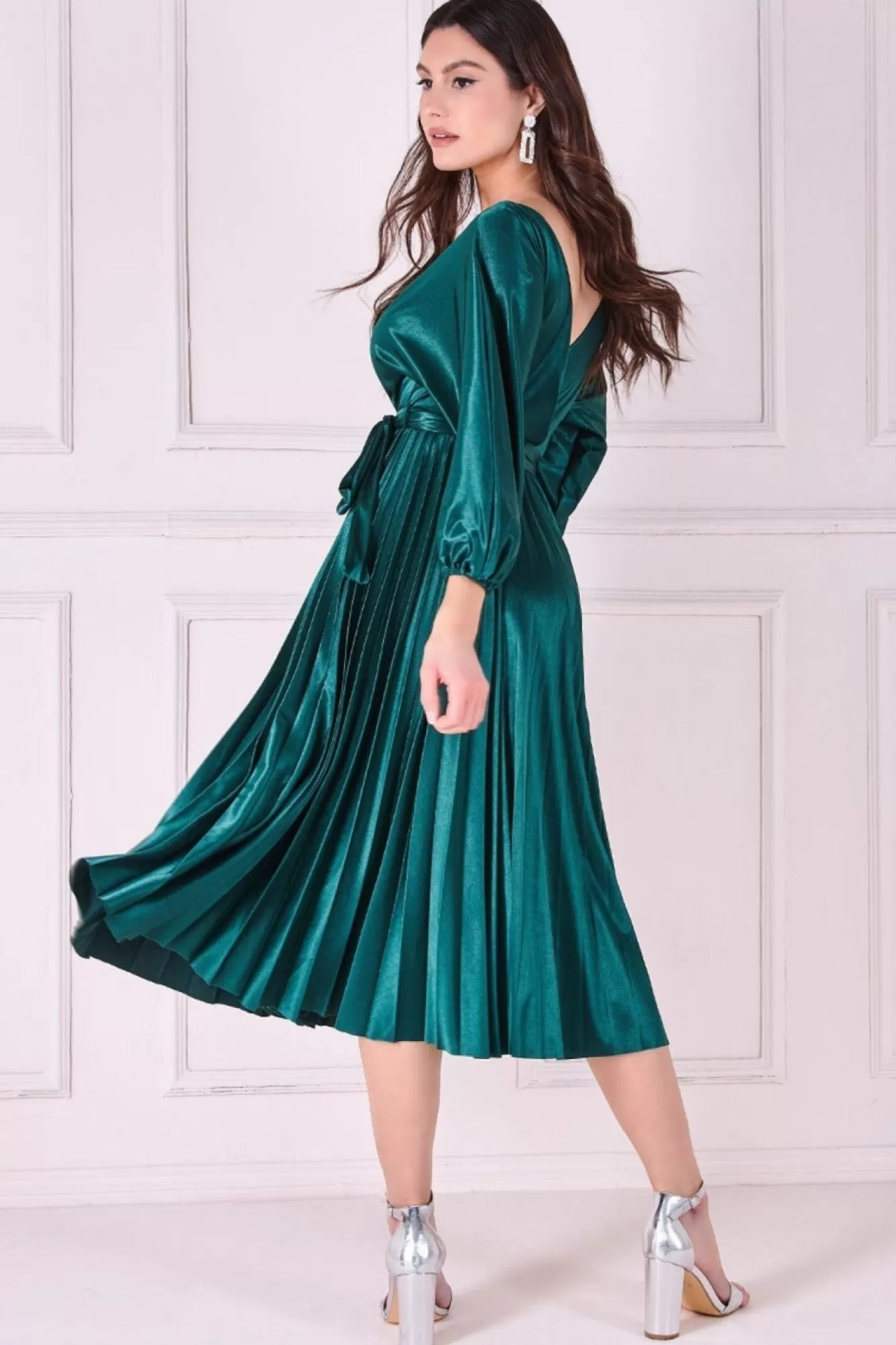 Midi Dresses^* Satin Pleated Skirt Wrap Midi Dress Emerald Green