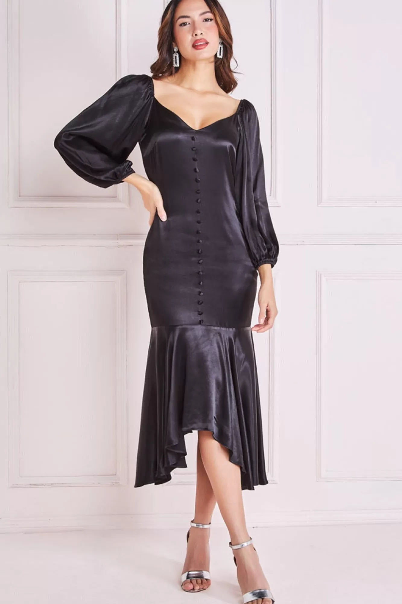 Midi Dresses^* Satin Viscose Front Buttoned Dipped Hem Midi Black