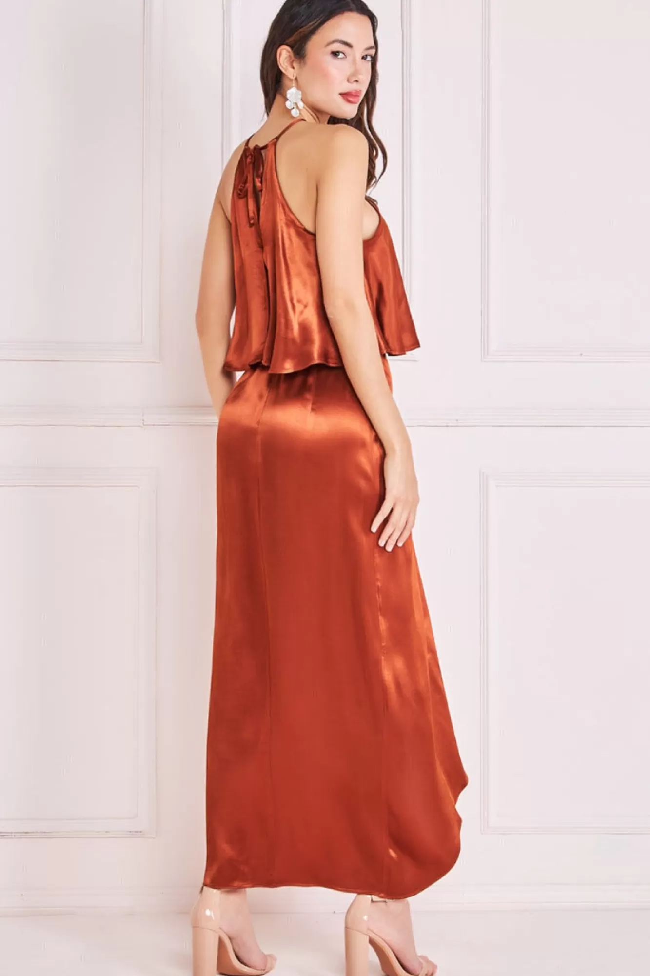 Midi Dresses^* Satin Viscose Front Wrap Midi Brown