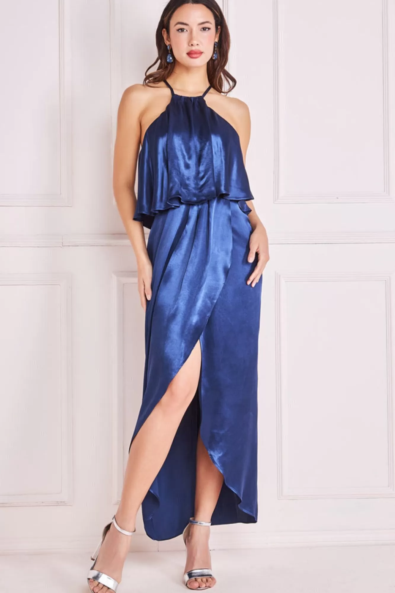 Midi Dresses^* Satin Viscose Front Wrap Midi Dress Navy