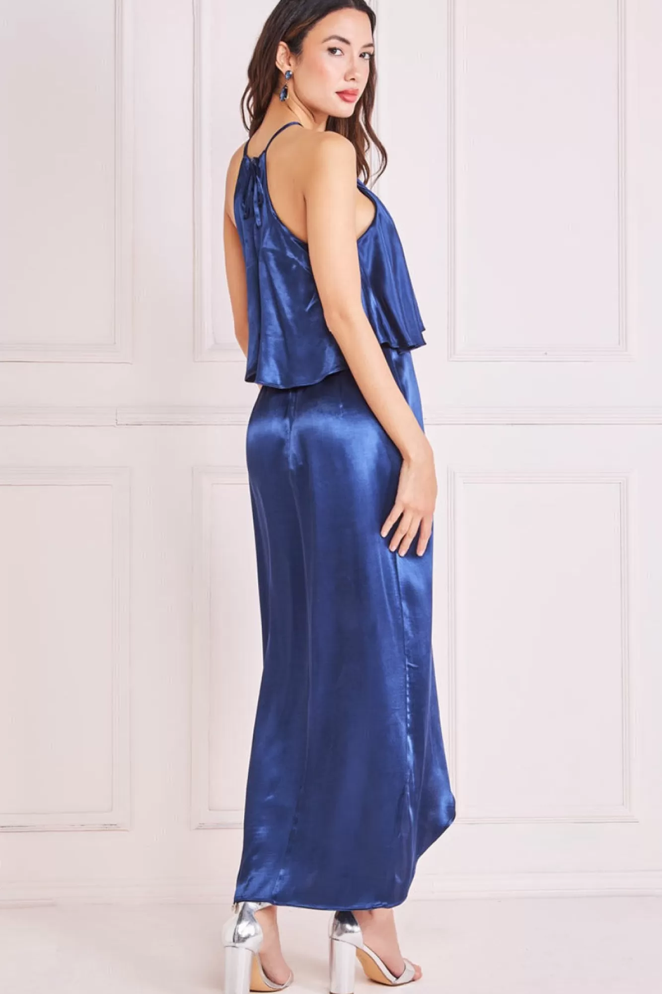 Midi Dresses^* Satin Viscose Front Wrap Midi Dress Navy