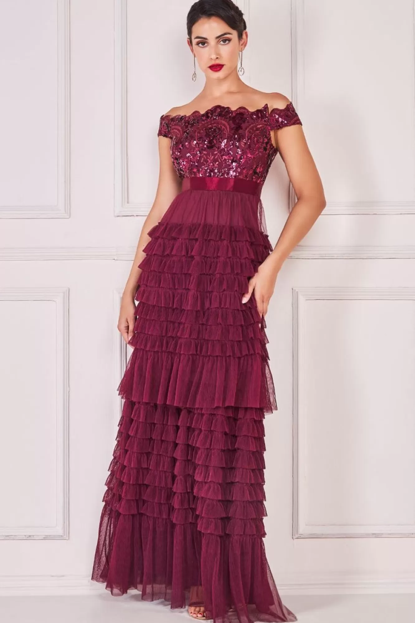Maxi Dresses^* Scallop Bardot Ruffle Mesh Maxi Burgundy