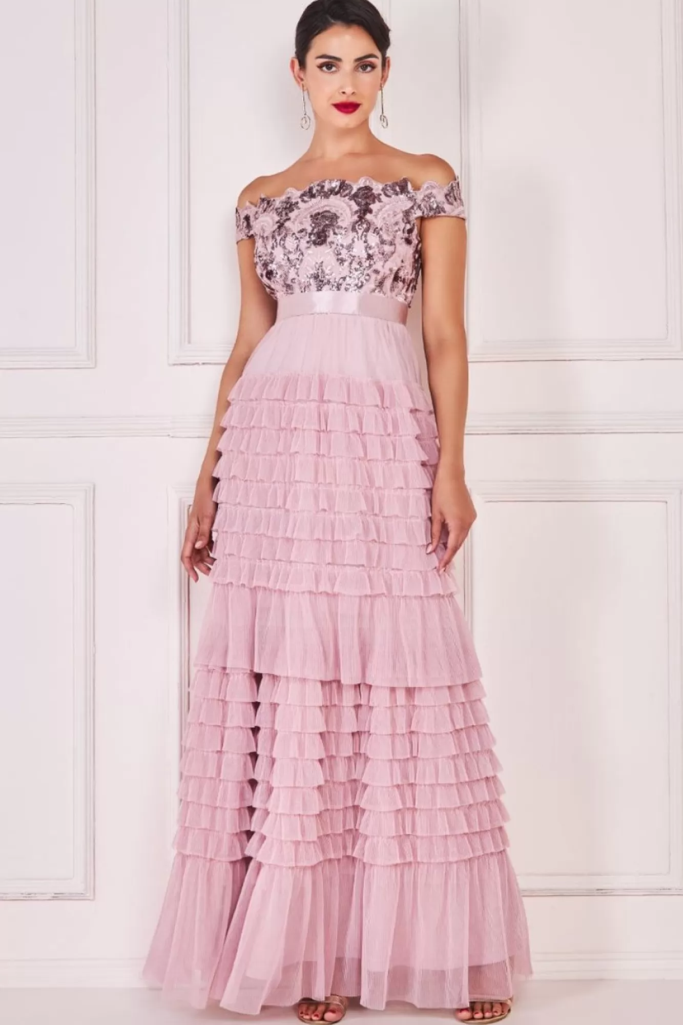 Maxi Dresses^* Scallop Bardot Ruffle Mesh Maxi Blush