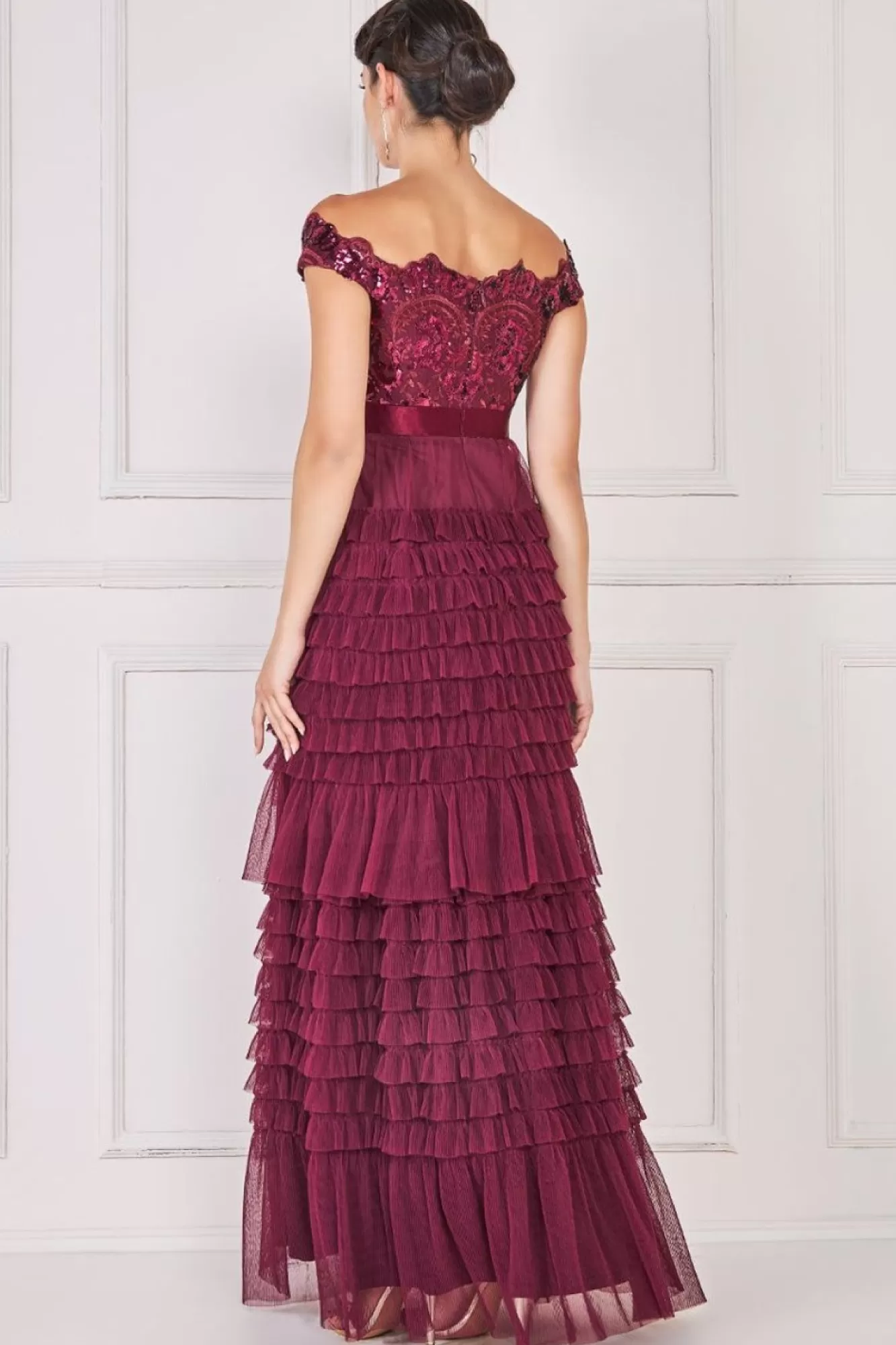 Maxi Dresses^* Scallop Bardot Ruffle Mesh Maxi Burgundy