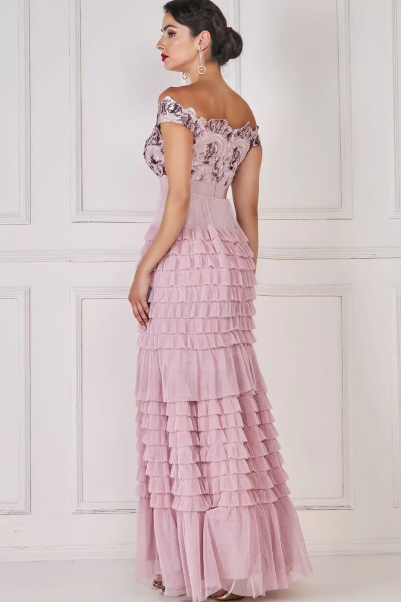 Maxi Dresses^* Scallop Bardot Ruffle Mesh Maxi Blush