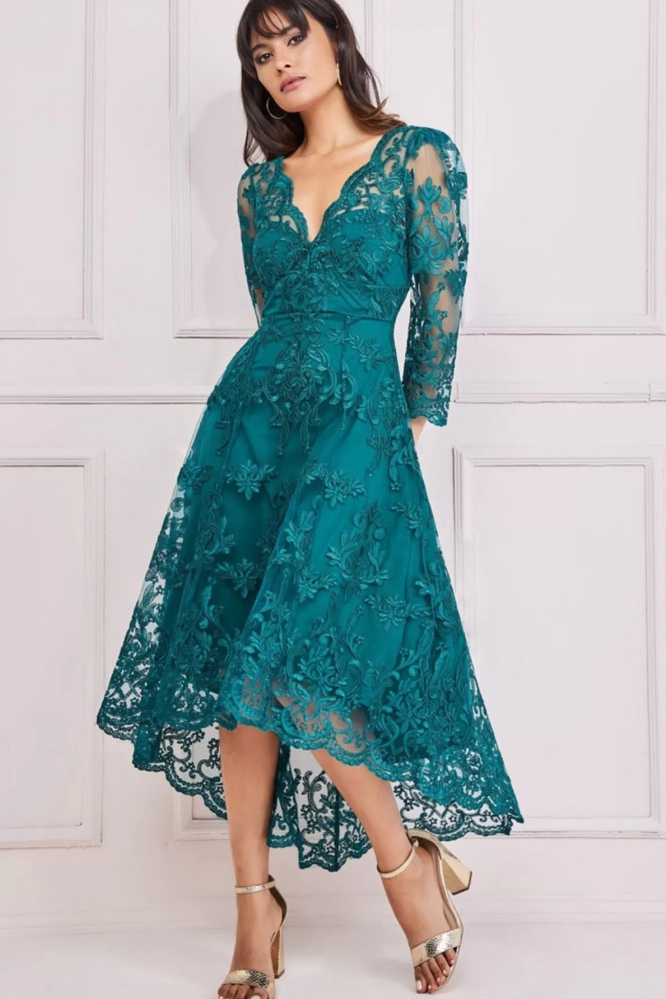 Midi Dresses^* Scalloped Lace Dipped Hem Midi Dress Emerald
