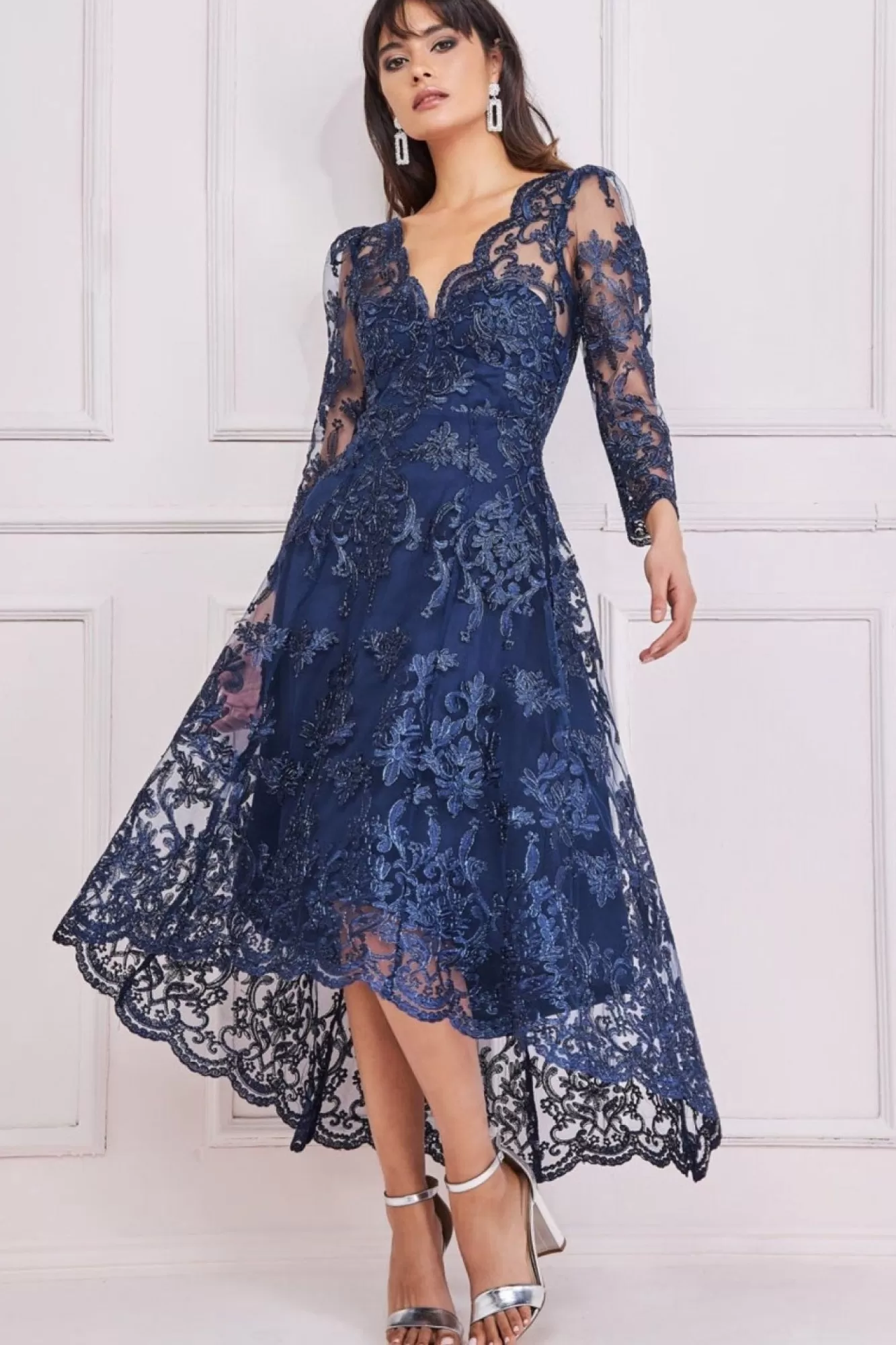 Midi Dresses^* Scalloped Lace Dipped Hem Midi Dress Navy