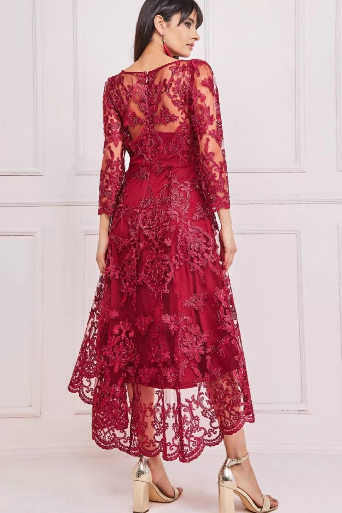 Midi Dresses^* Scalloped Lace Dipped Hem Midi Dress Wine