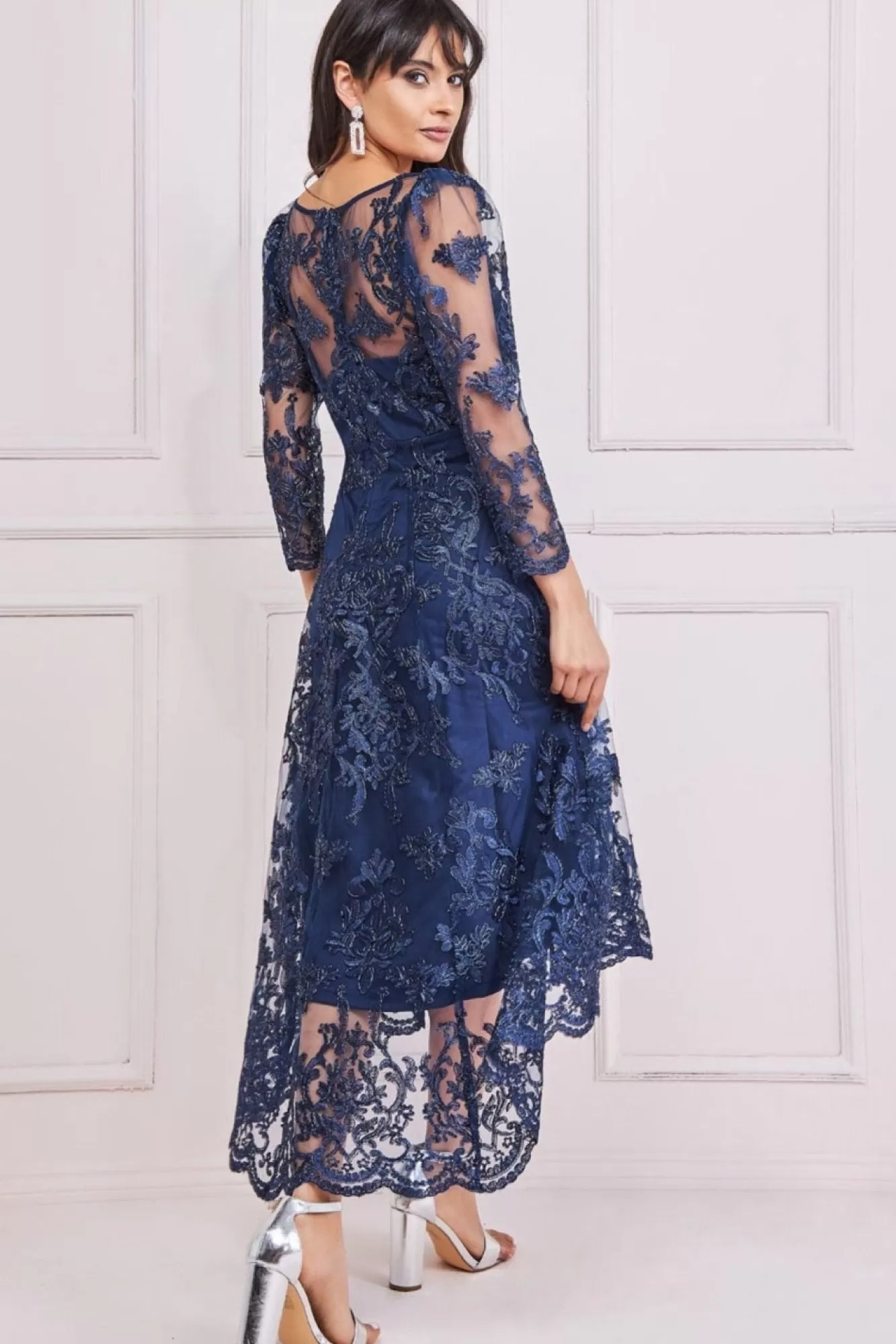 Midi Dresses^* Scalloped Lace Dipped Hem Midi Dress Navy