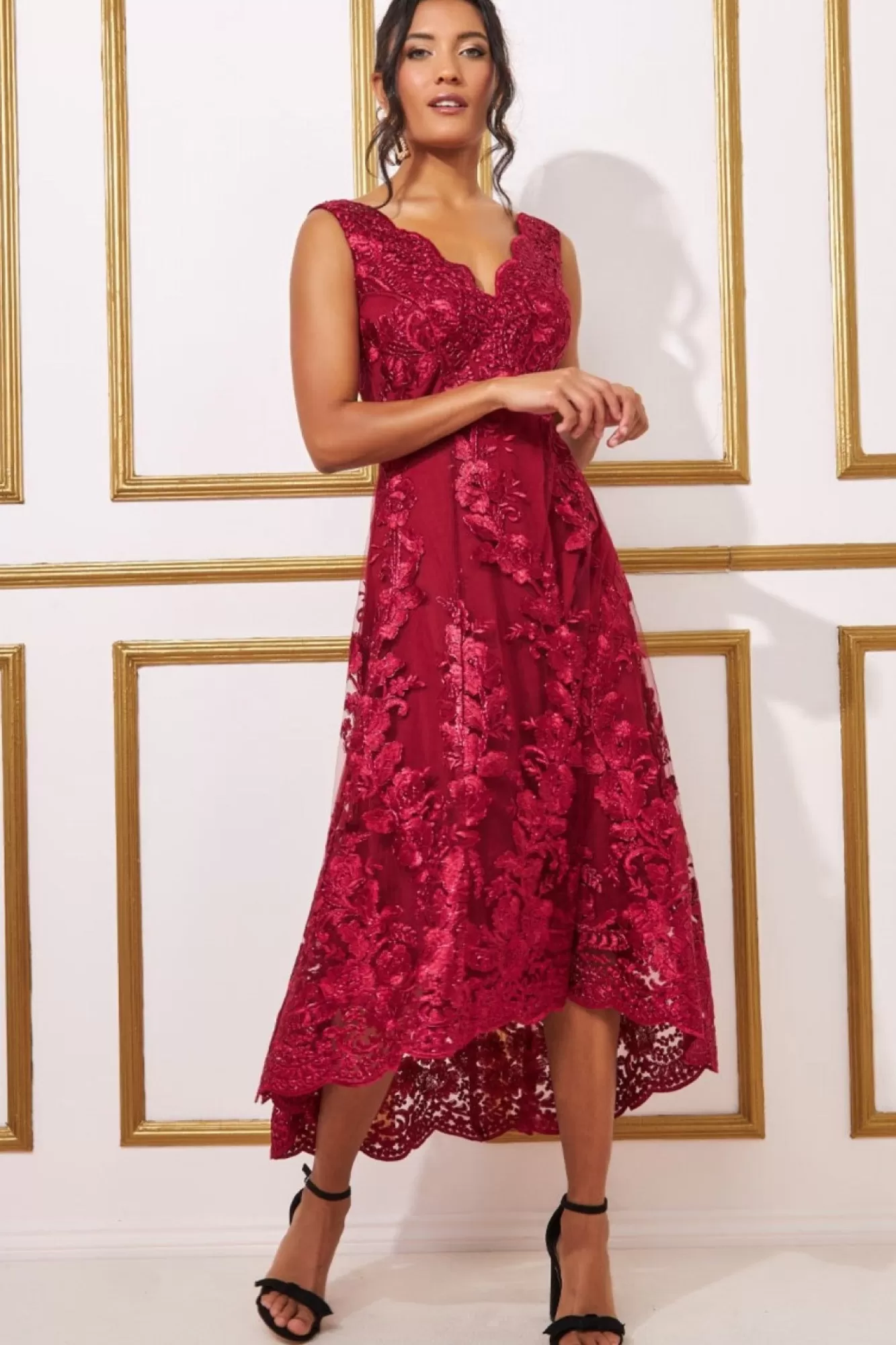 Midi Dresses^* Scalloped Neck Lace Midi Dress Wine