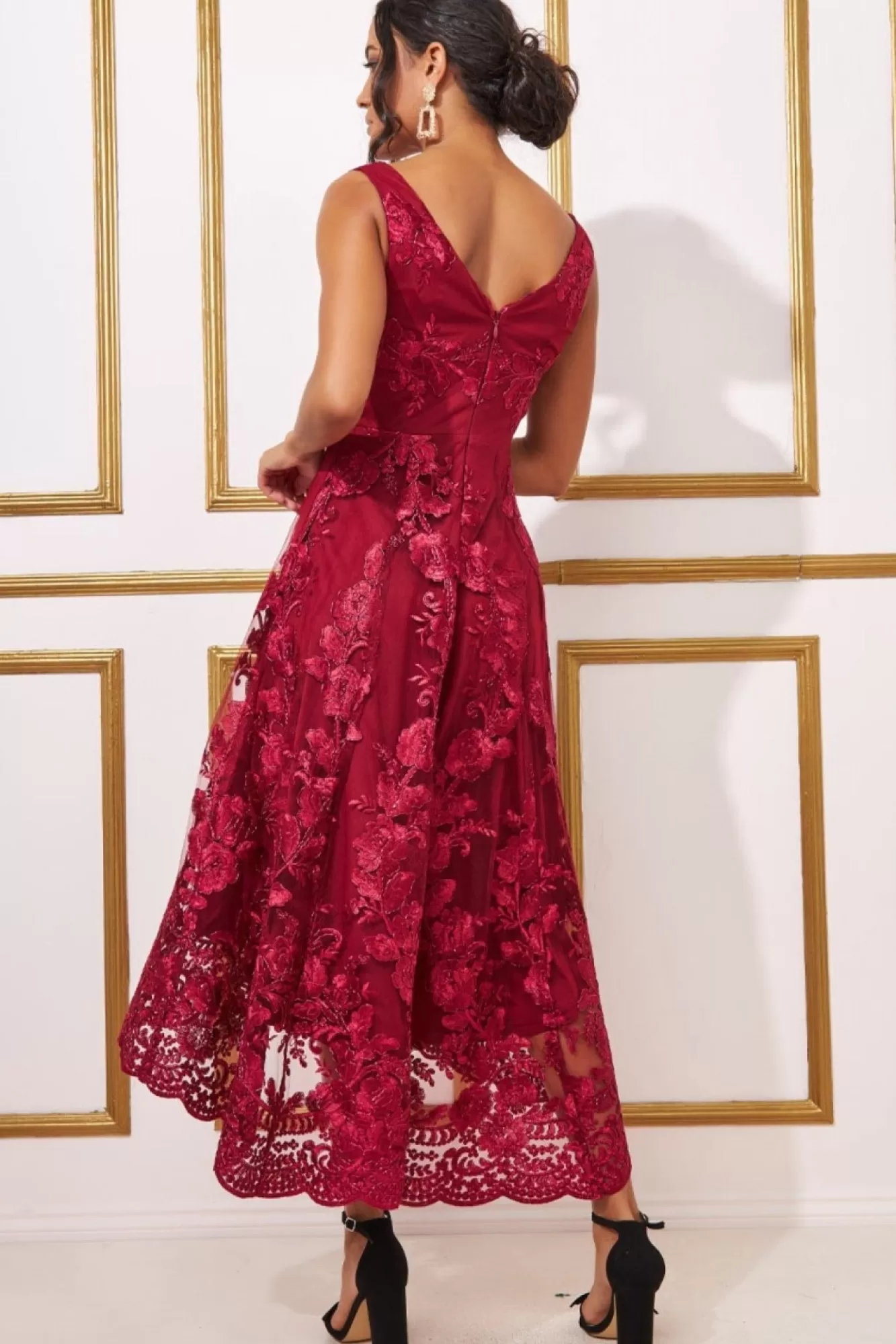 Midi Dresses^* Scalloped Neck Lace Midi Dress Wine