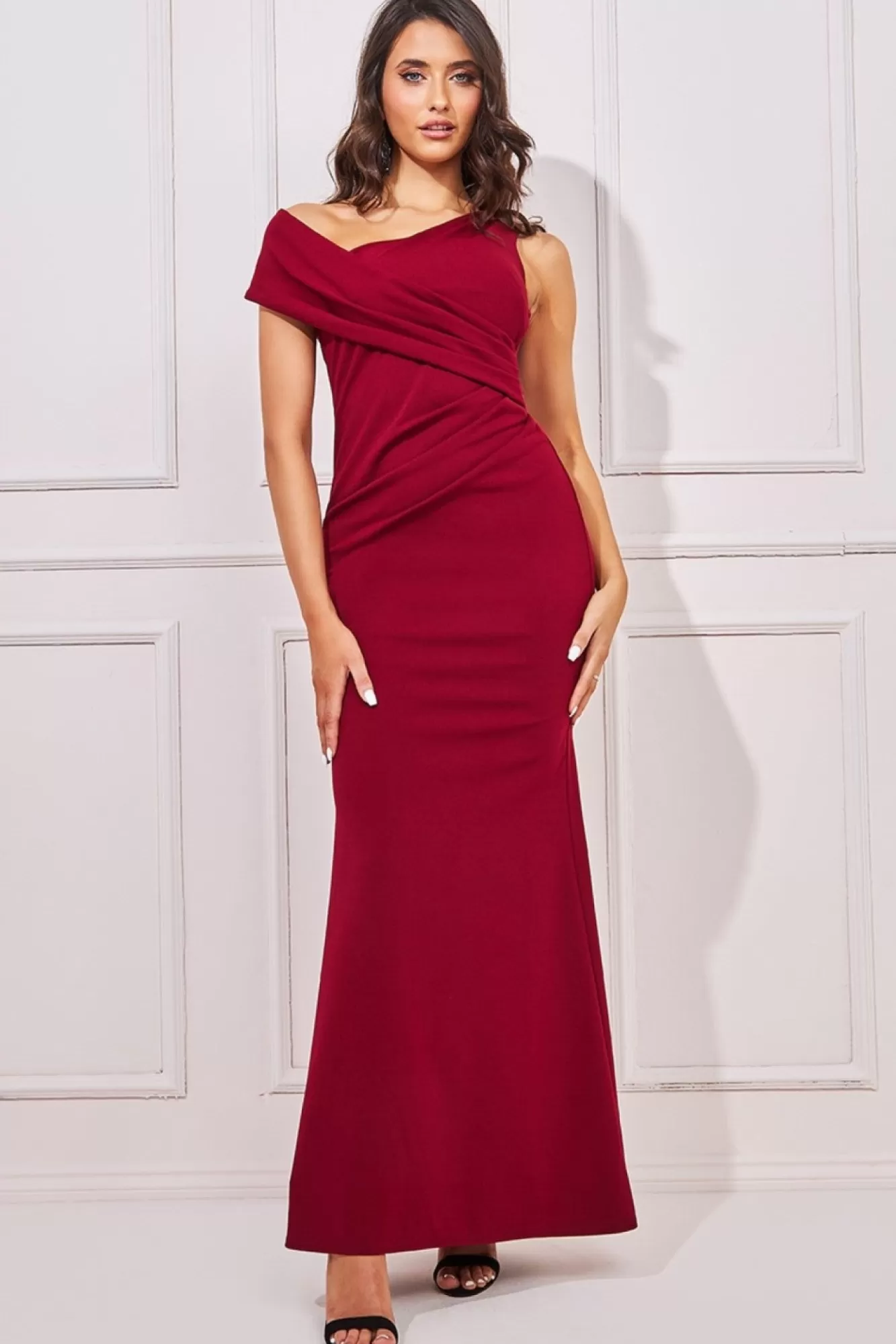 Maxi Dresses^* Scuba Crepe Off The Shoulder Maxi Wine