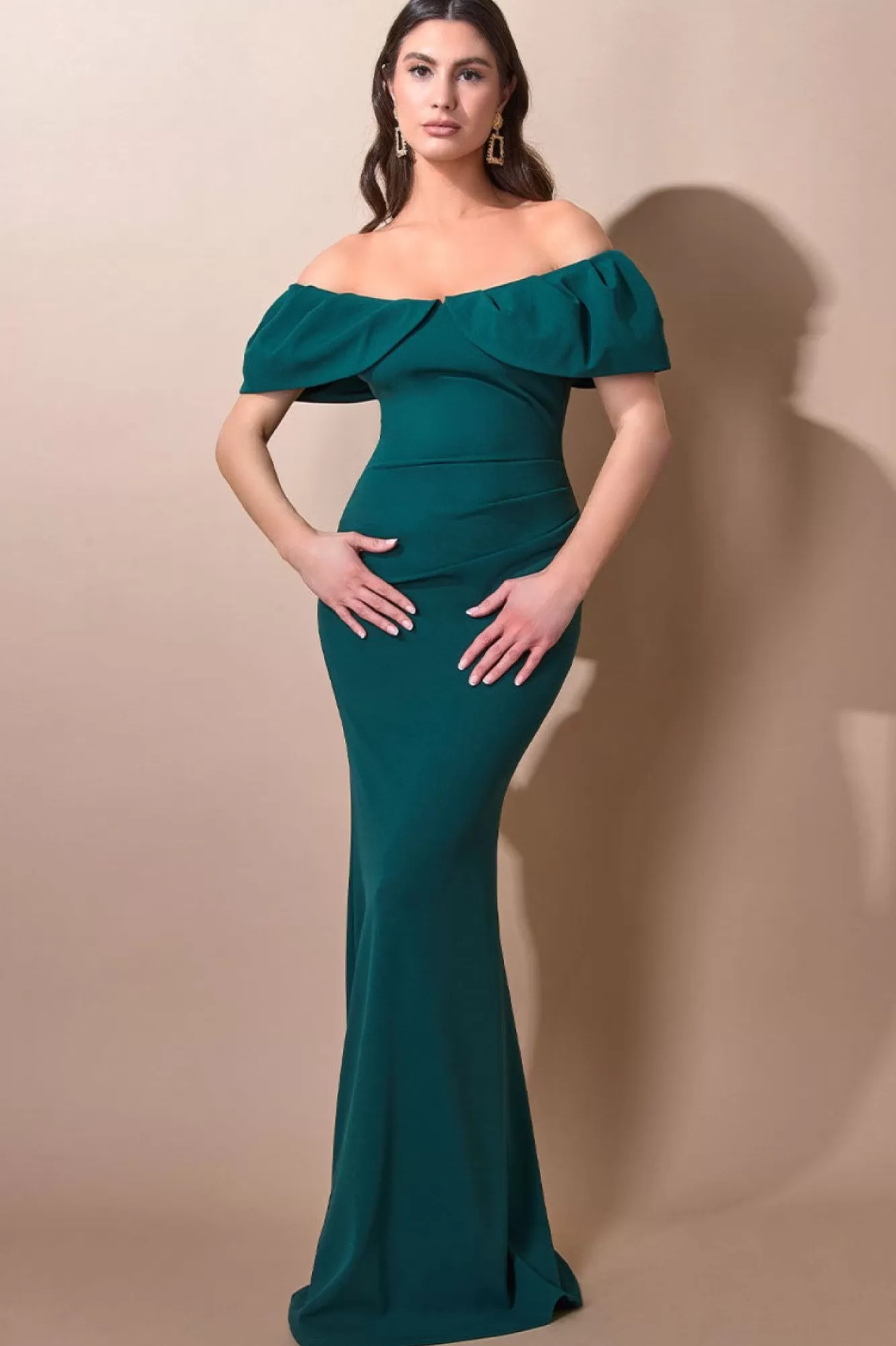 Maxi Dresses^* Scuba Crepe Pleated Bardot Maxi Emerald Green