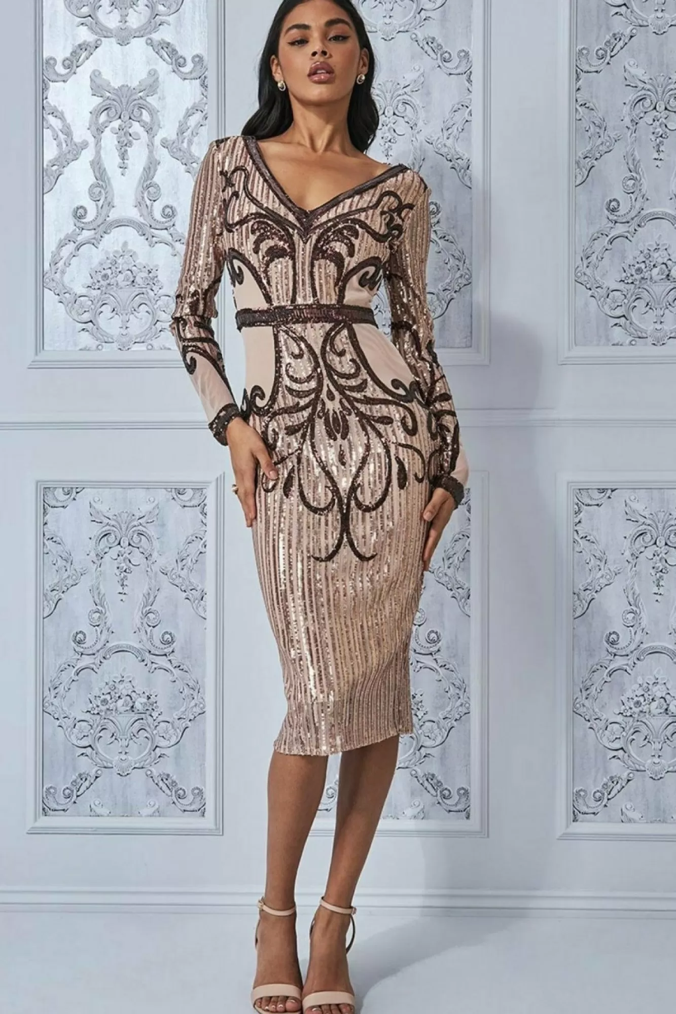Midi Dresses^* Sequin & Mesh Embroidered Midi Champagne