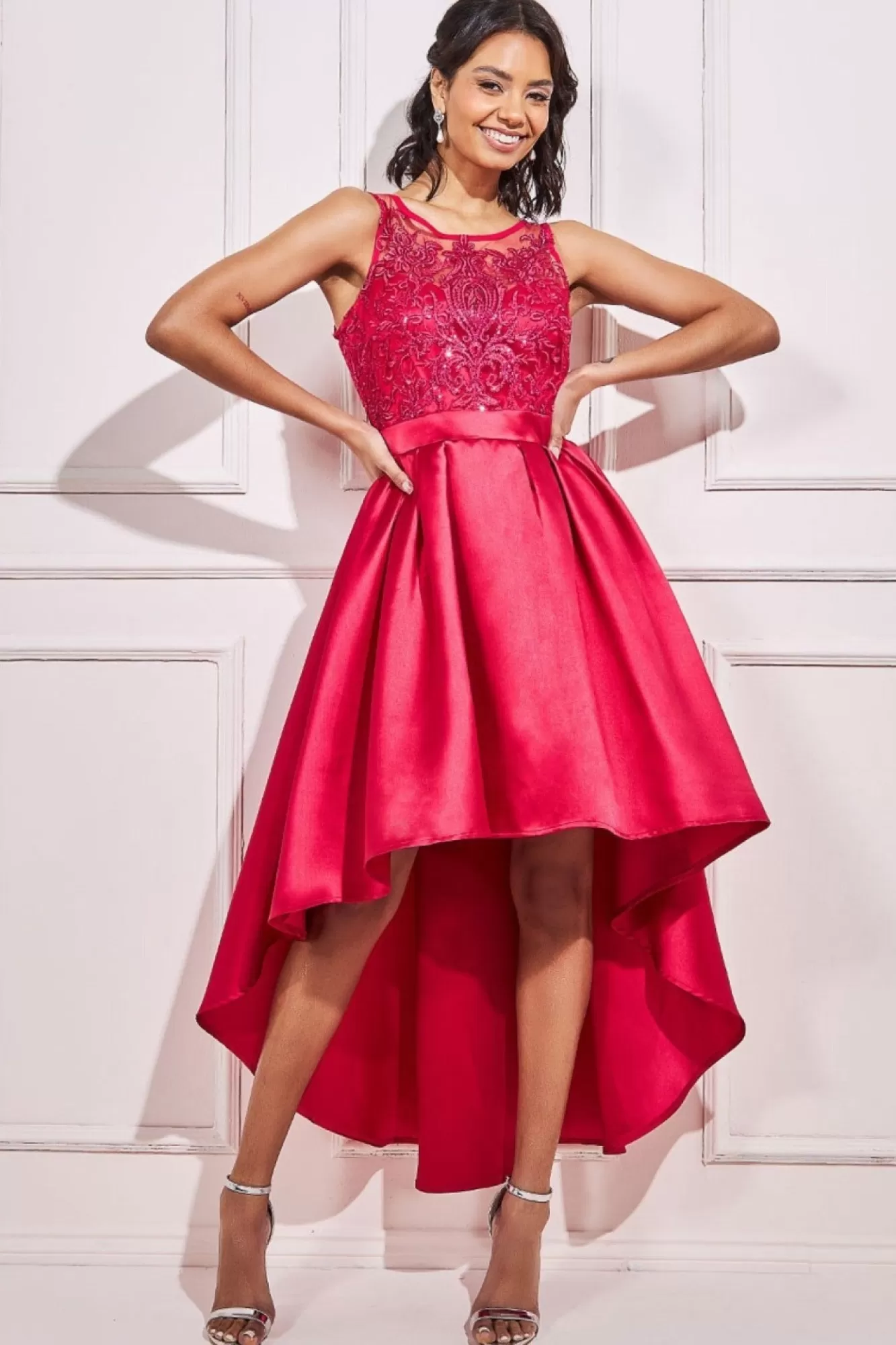 Midi Dresses^* Sequin & Satin Dipped Hem Midi - Hot Pink Hotpink