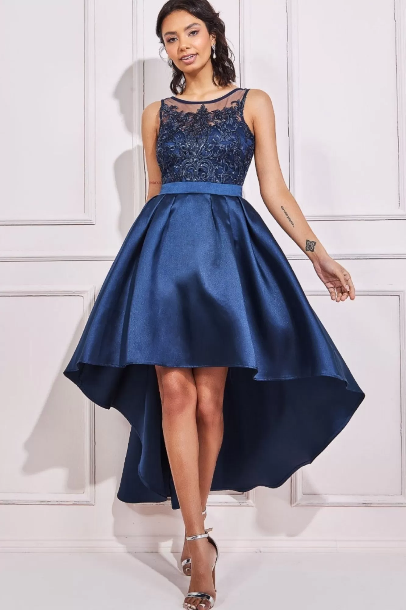 Midi Dresses^* Sequin & Satin Dipped Hem Midi Dress Navy
