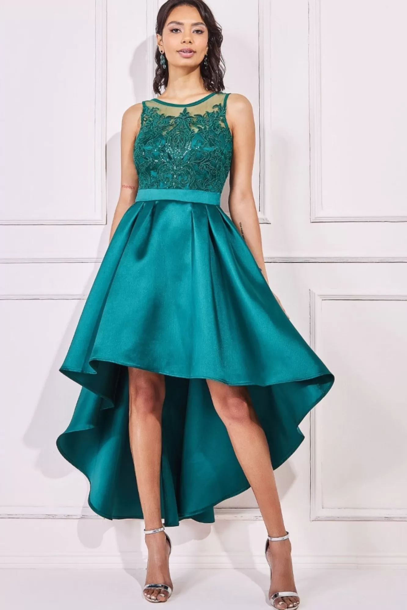 Midi Dresses^* Sequin & Satin Dipped Hem Midi Dress Emerald