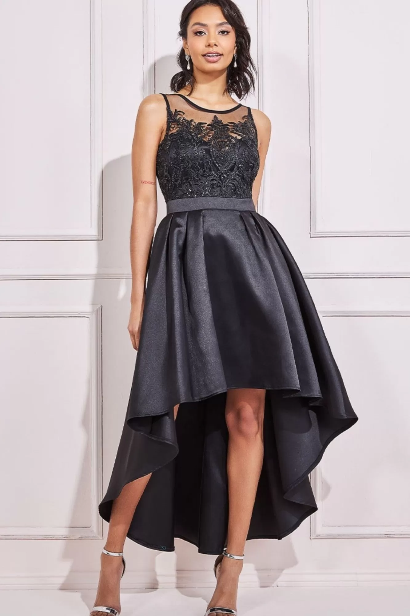 Midi Dresses^* Sequin & Satin Dipped Hem Midi Dress Black