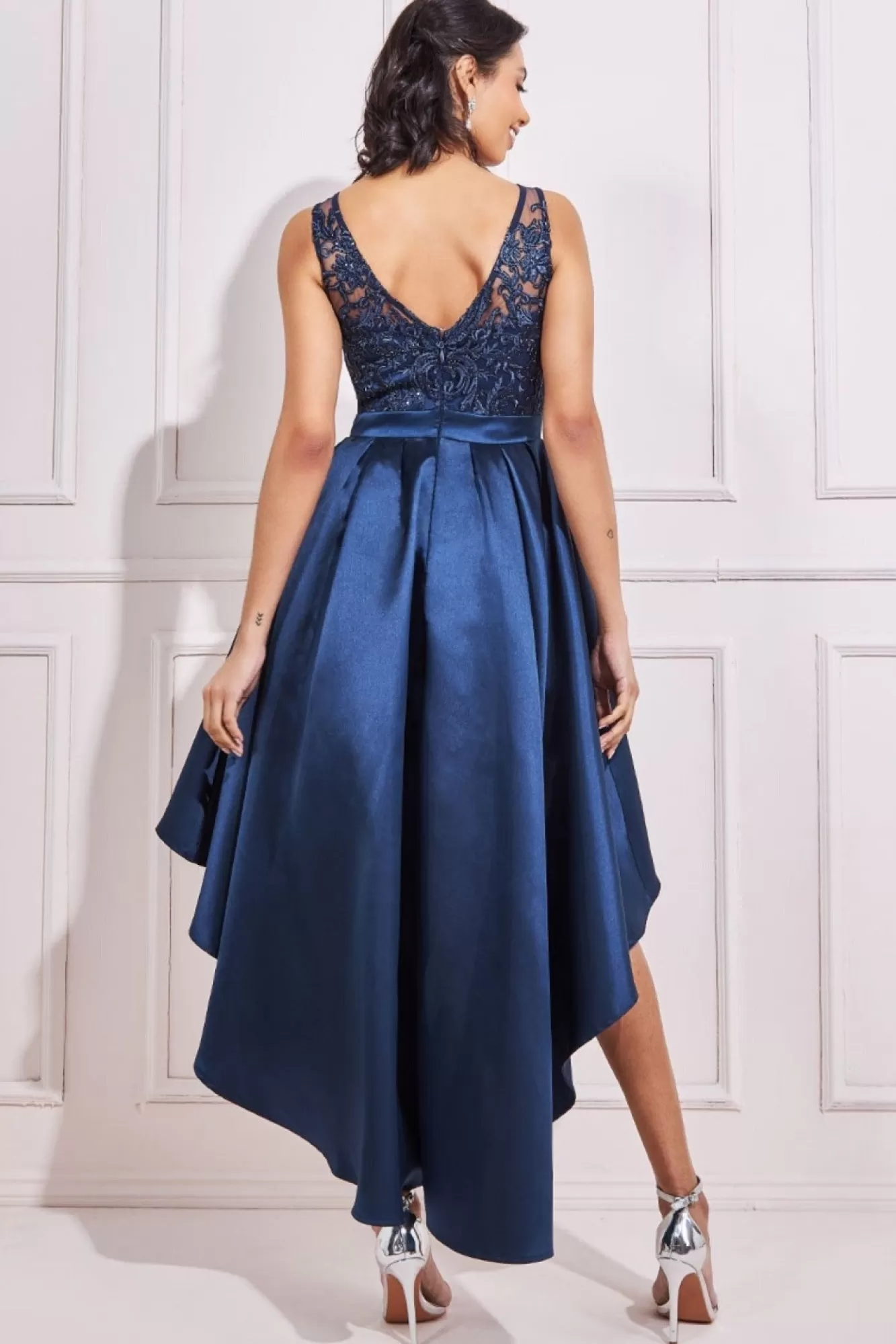 Midi Dresses^* Sequin & Satin Dipped Hem Midi Dress Navy