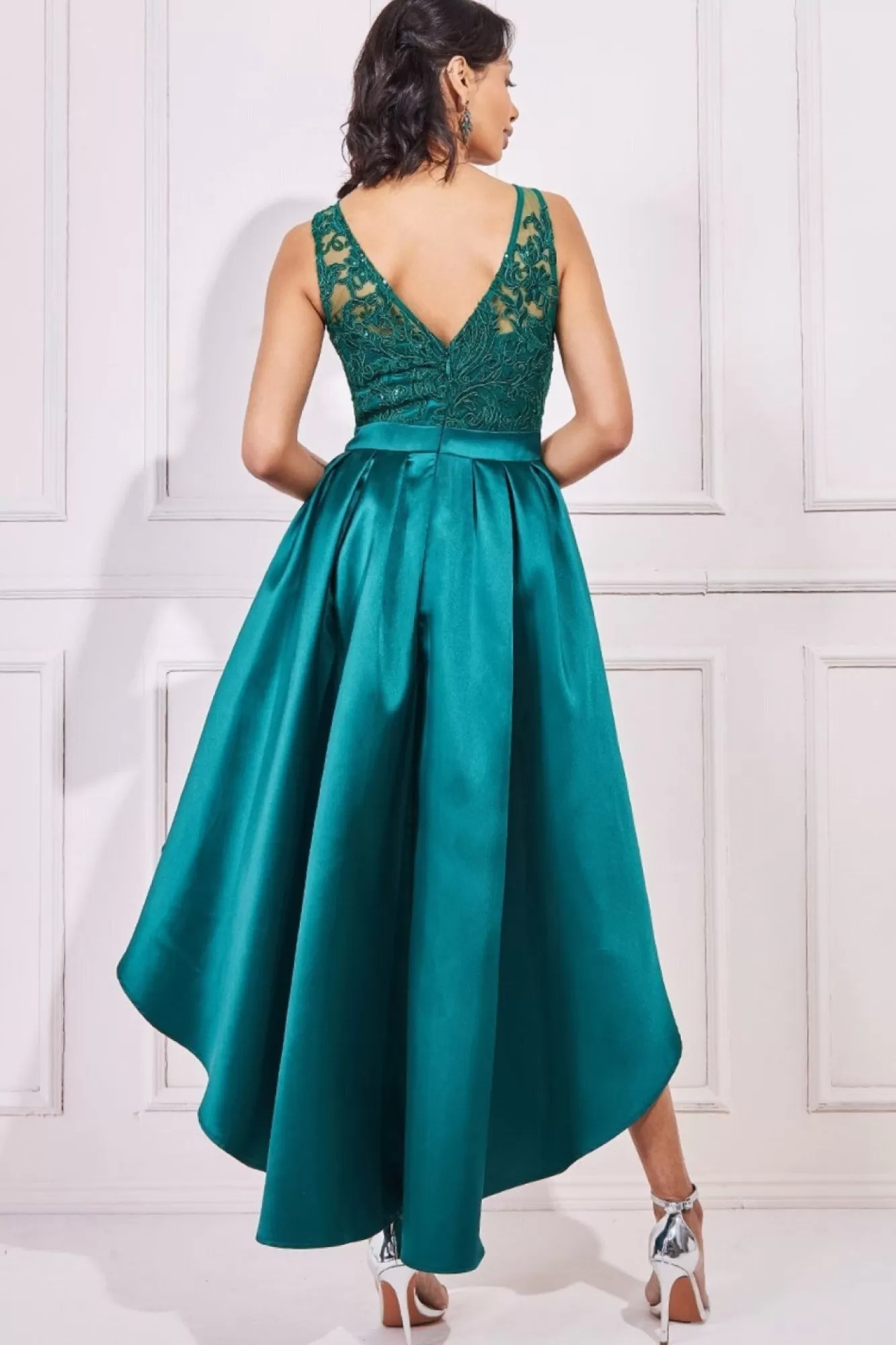 Midi Dresses^* Sequin & Satin Dipped Hem Midi Dress Emerald