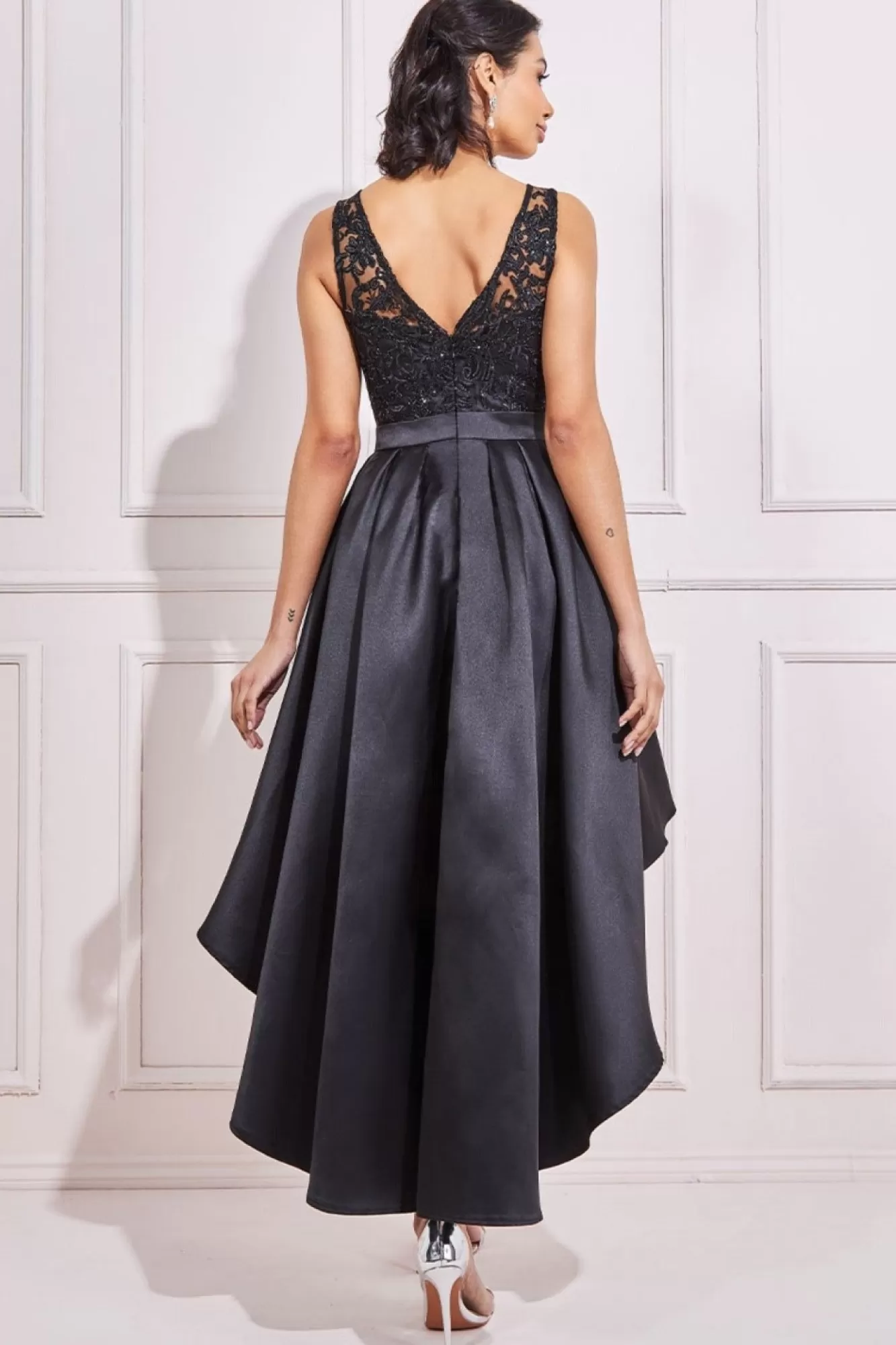 Midi Dresses^* Sequin & Satin Dipped Hem Midi Dress Black