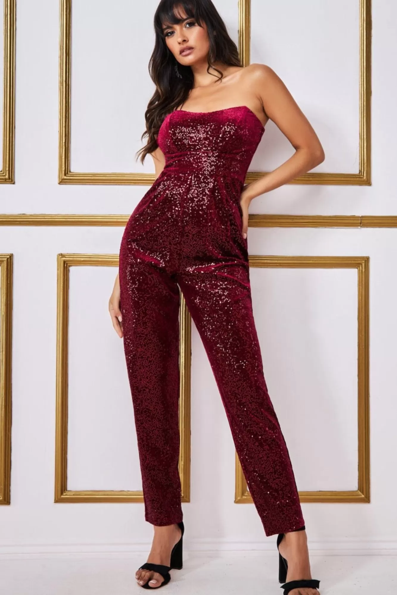 Jumpsuits^* Sequin & Velvet Corset Jumpsuit Wine