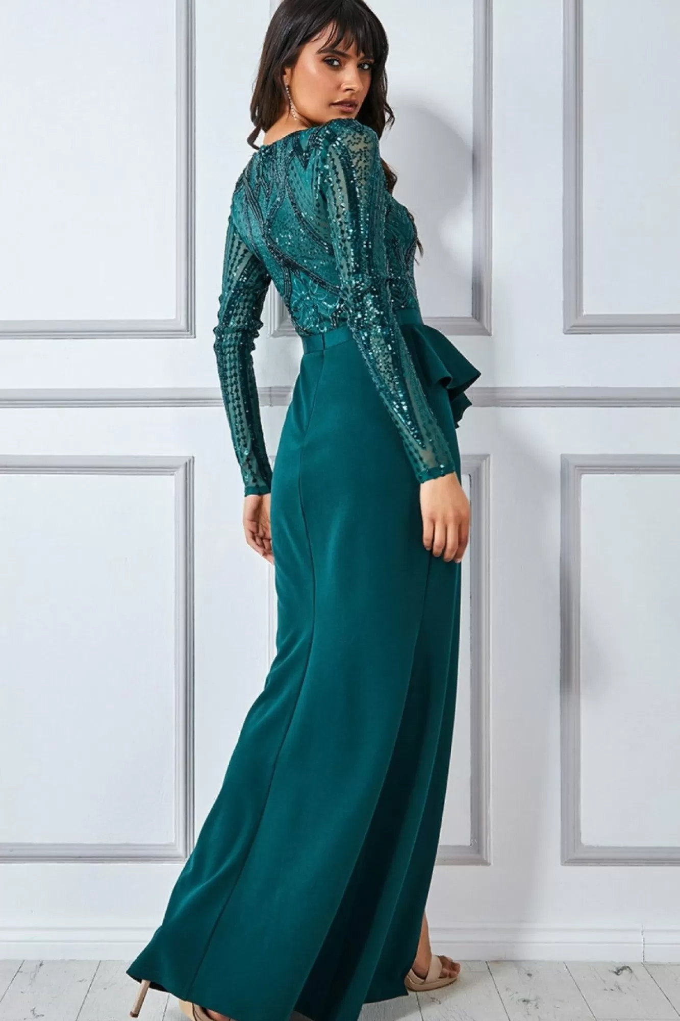 Maxi Dresses^* Sequin Bodice With Front Frill Maxi Emerald