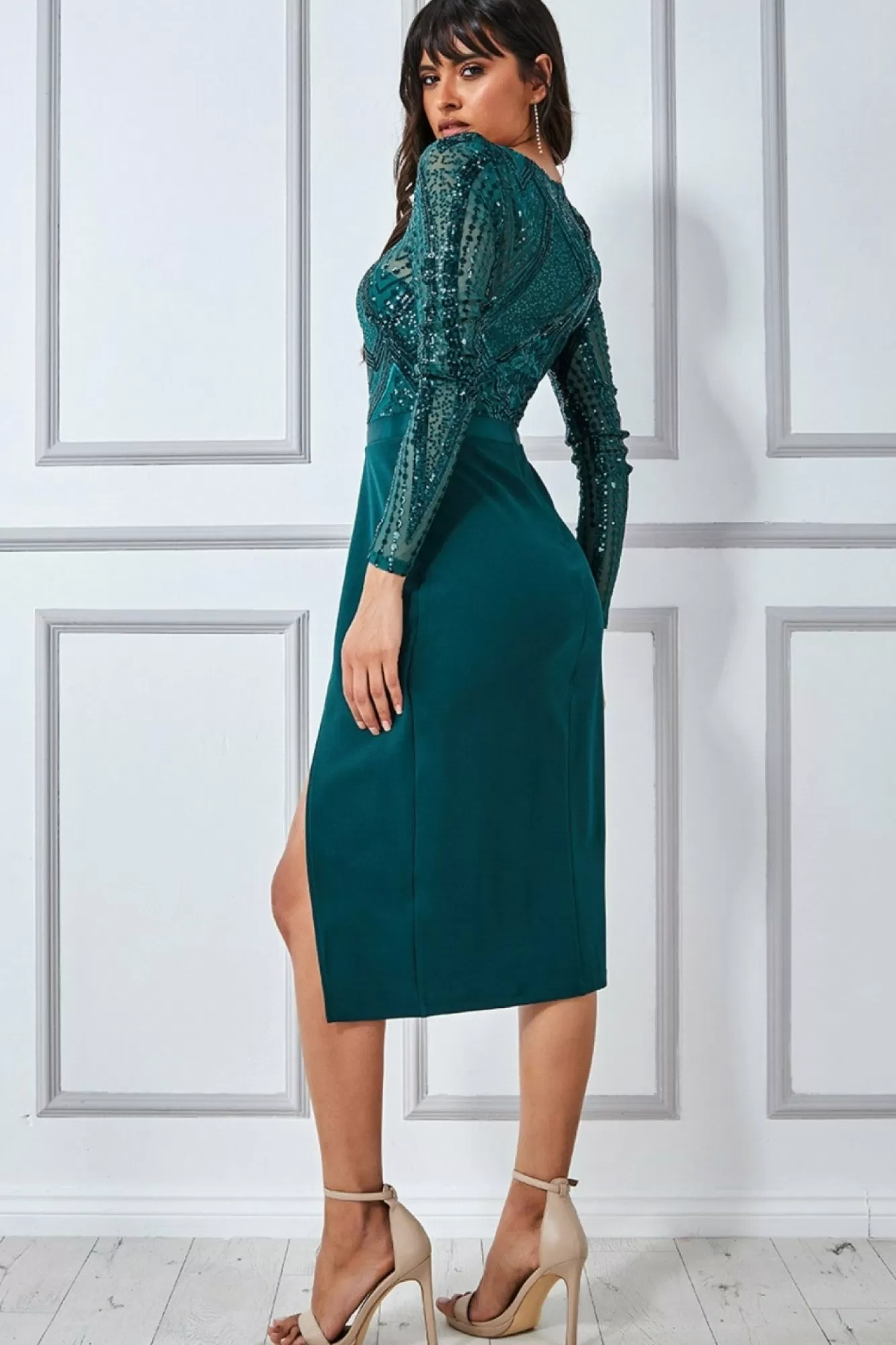 Midi Dresses^* Sequin Bodice With Front Frill Midi Dress Emerald