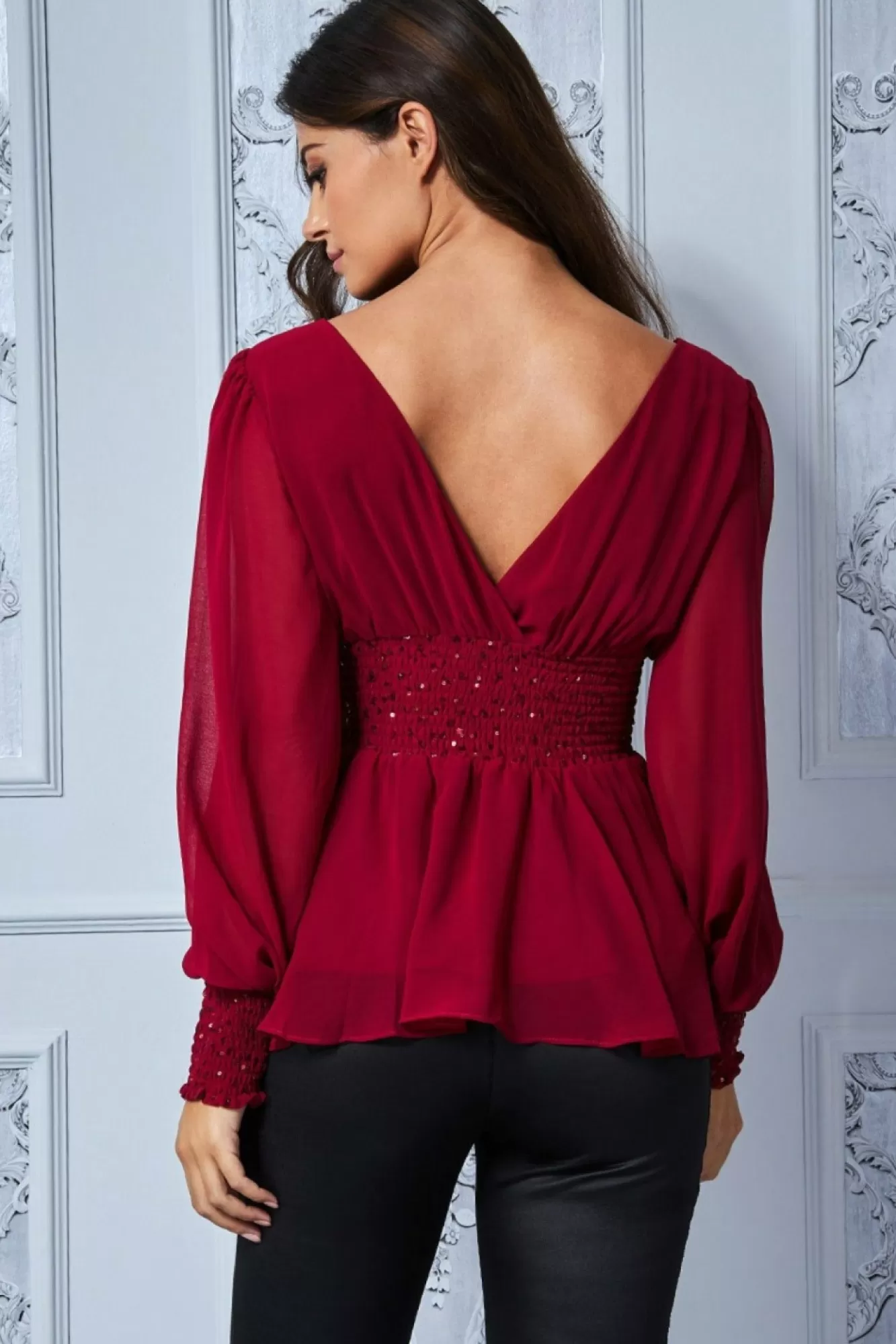 Blouses^* Sequin Chiffon Puffy Sleeve Top Wine
