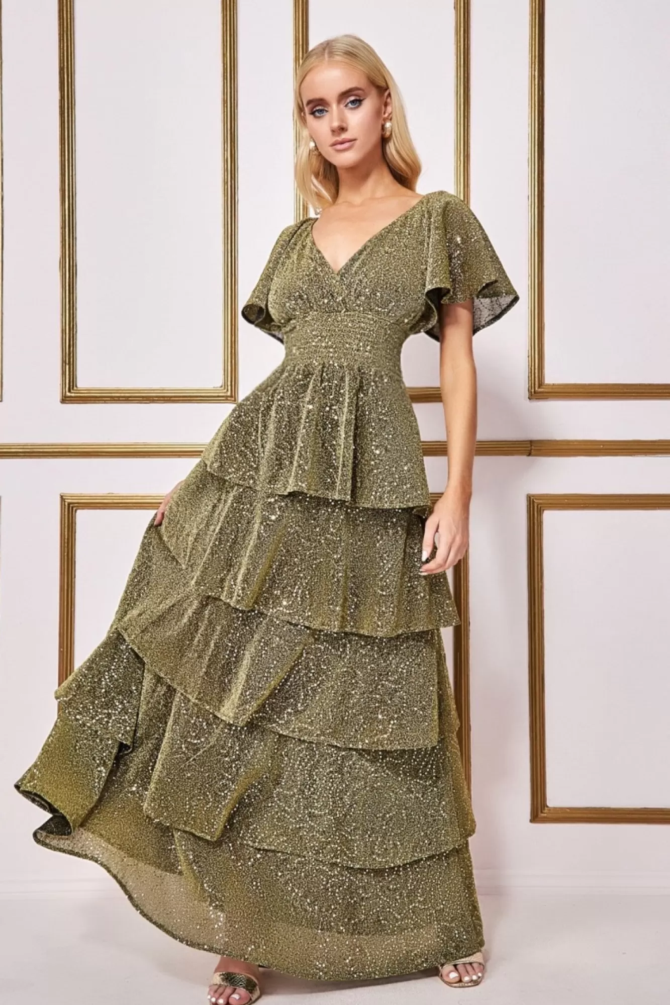 Maxi Dresses^* Sequin Lurex Tiered Maxi Dress Gold