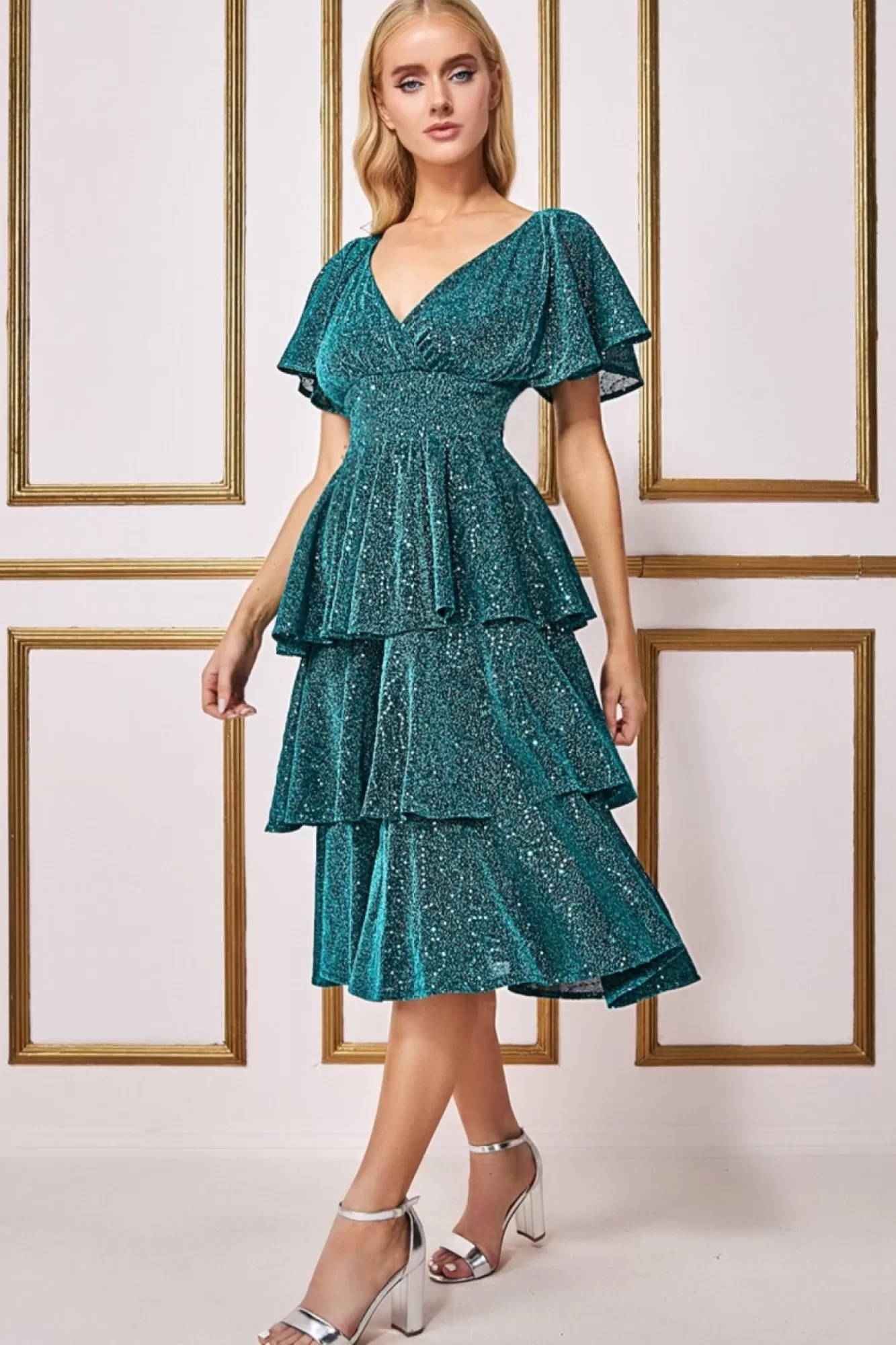 Midi Dresses^* Sequin Lurex Tiered Midi Dress Teal Blue