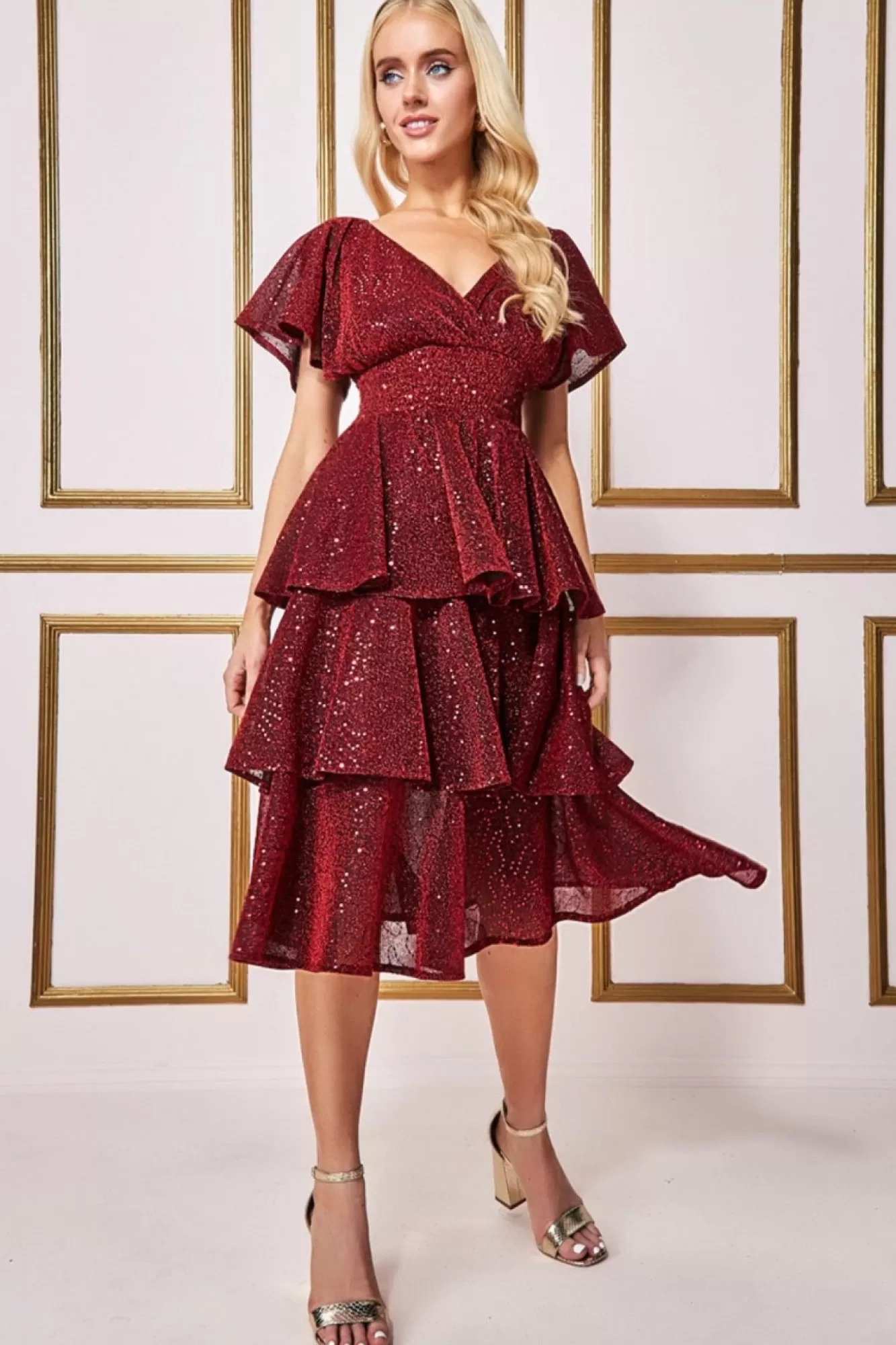 Midi Dresses^* Sequin Lurex Tiered Midi Dress Wine