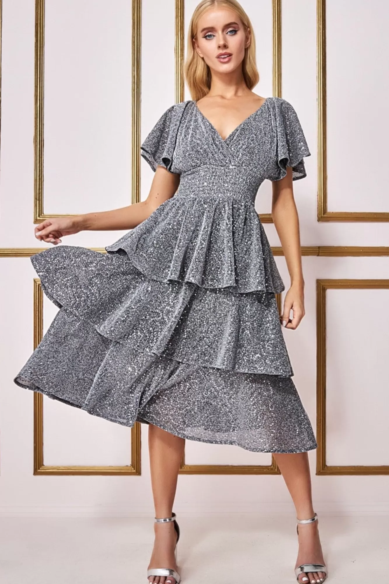 Midi Dresses^* Sequin Lurex Tiered Midi Dress Silver