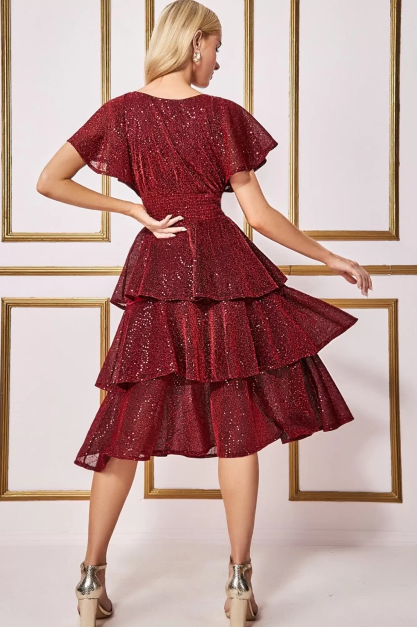 Midi Dresses^* Sequin Lurex Tiered Midi Dress Wine