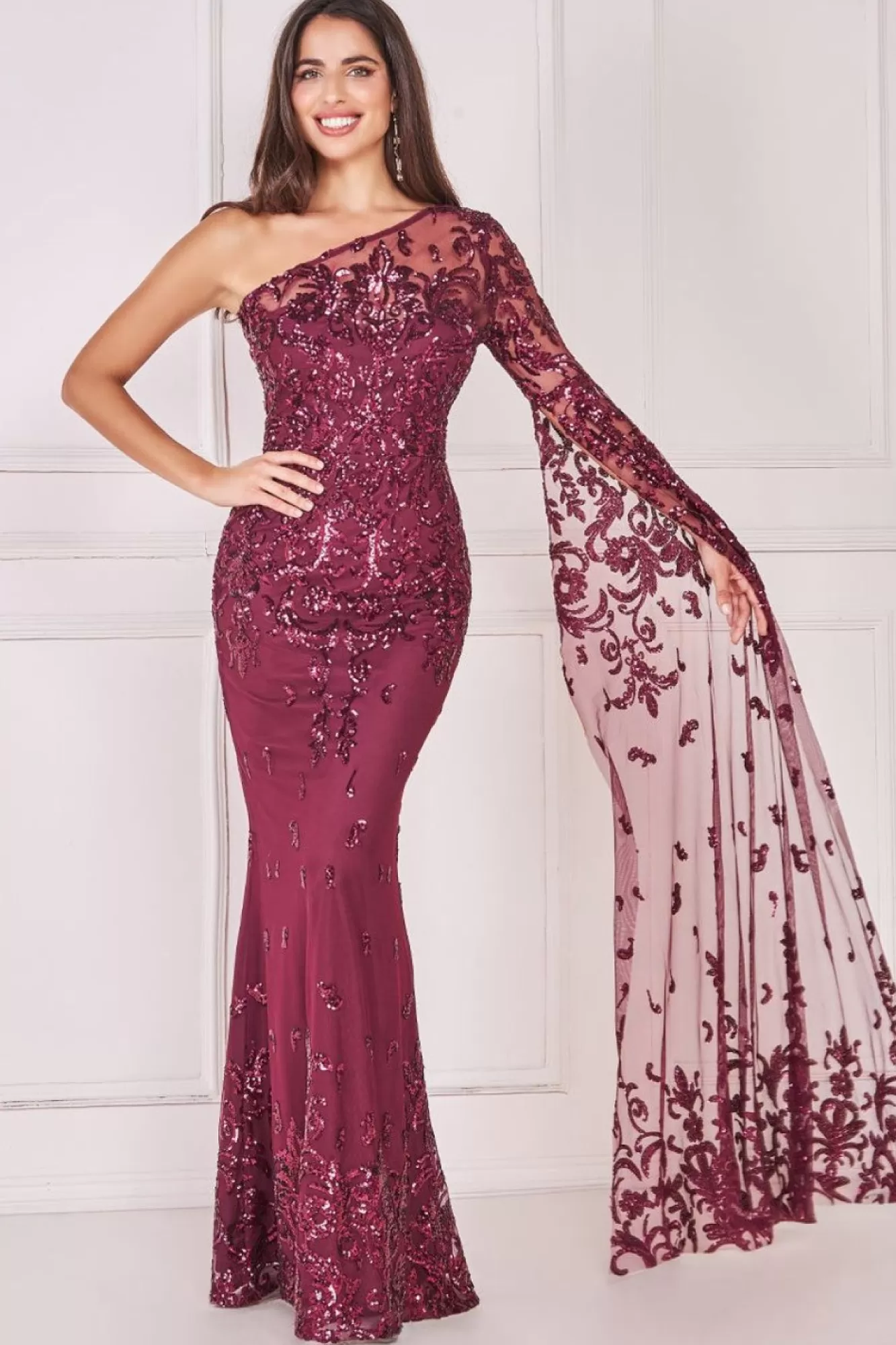 Maxi Dresses^* Sequin Mesh One Shoulder Evening Maxi Burgundy