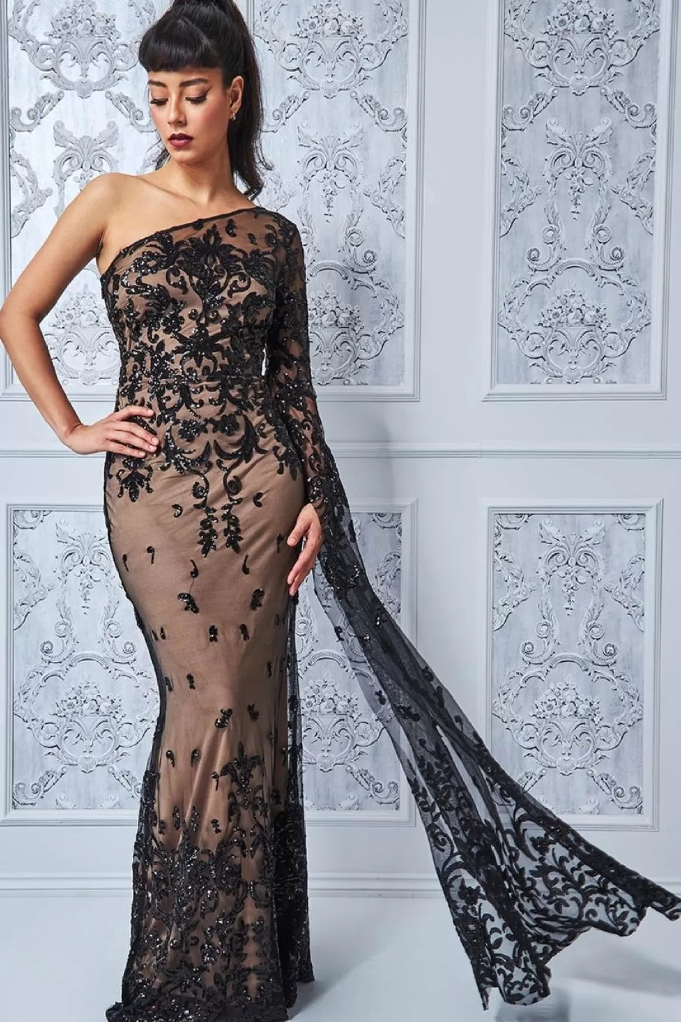 Maxi Dresses^* Sequin Mesh One Shoulder Evening Maxi Black
