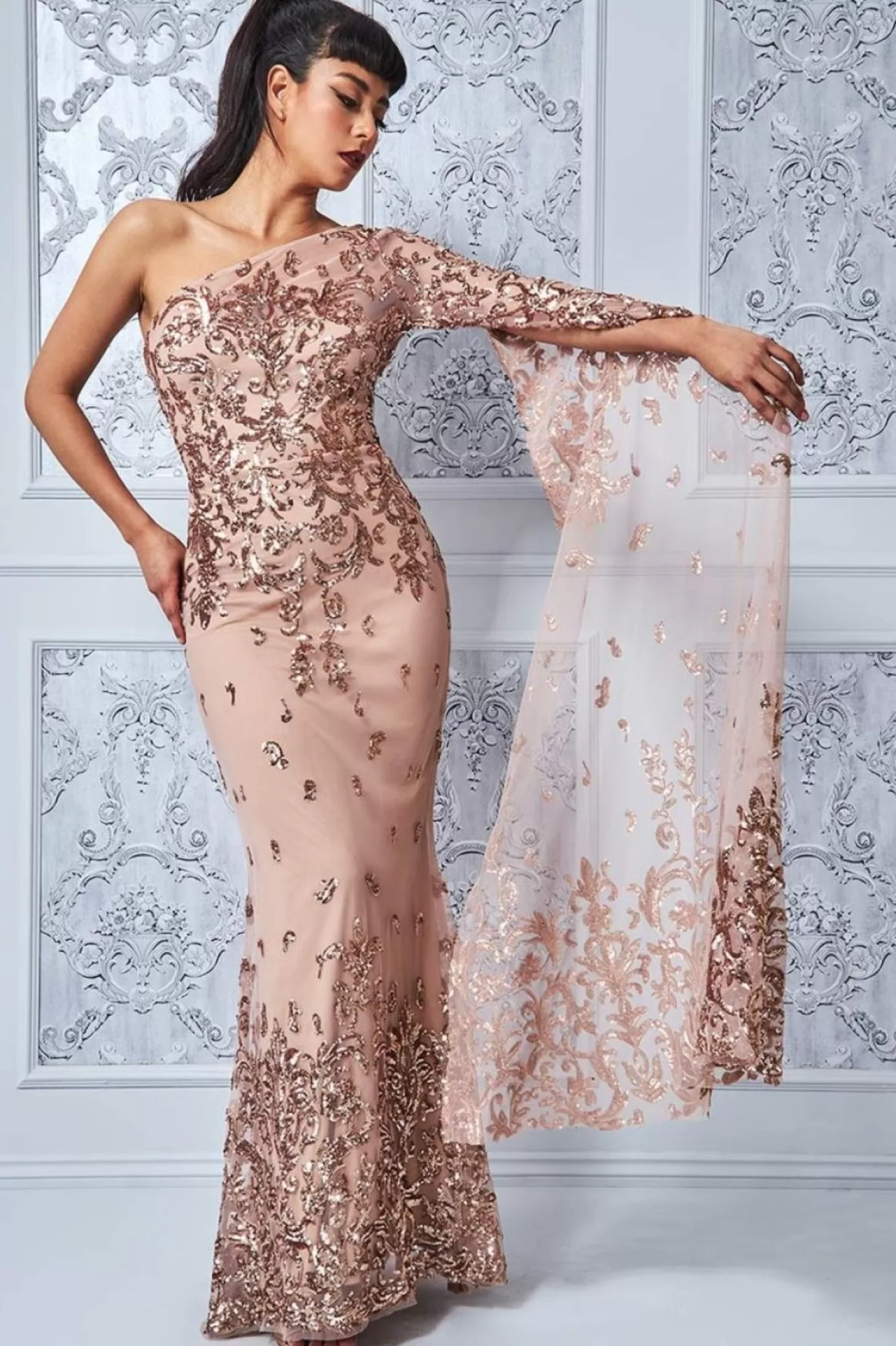 Maxi Dresses^* Sequin Mesh One Shoulder Evening Maxi Champagne