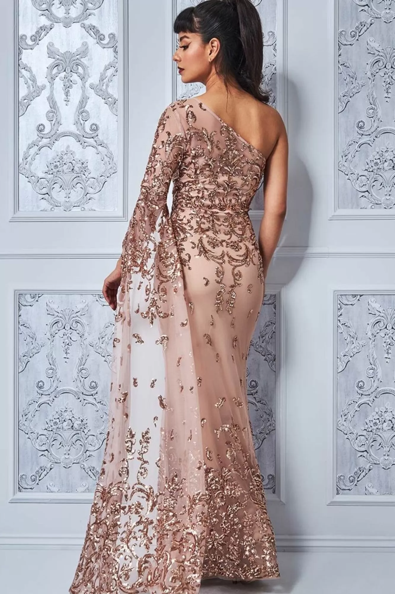 Maxi Dresses^* Sequin Mesh One Shoulder Evening Maxi Champagne