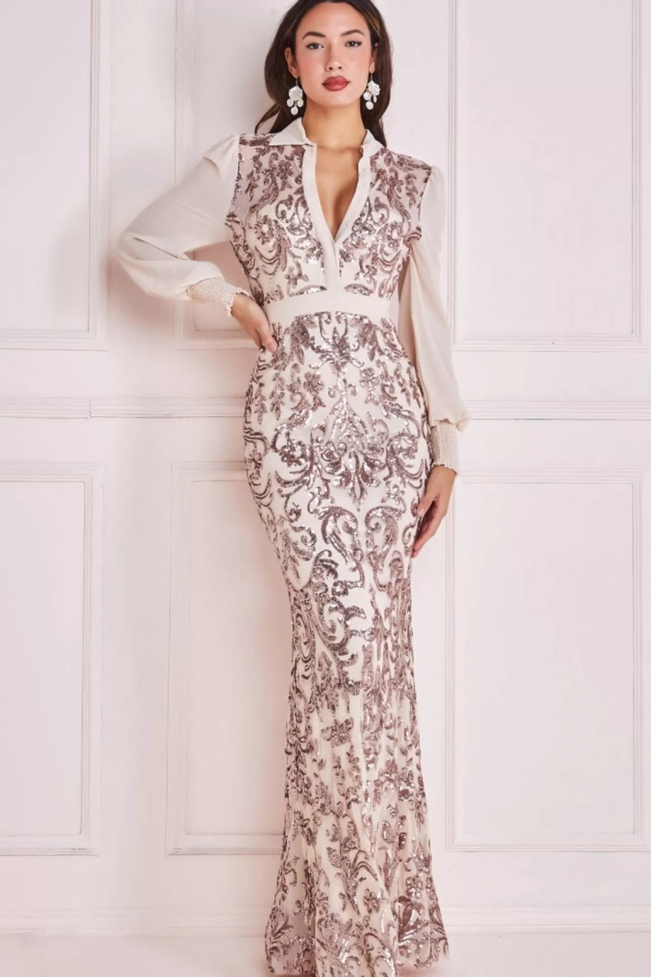 Maxi Dresses^* Sequin Mesh Shirt Maxi Chiffon Sleeves Champagne