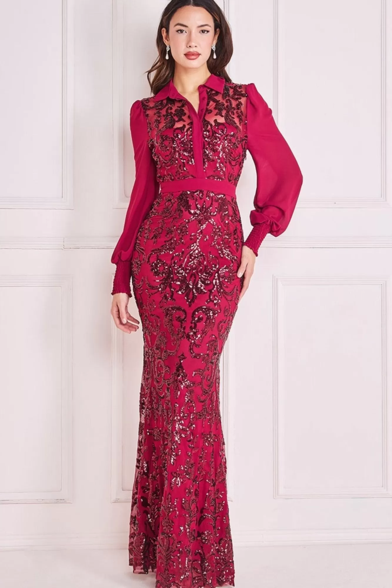Maxi Dresses^* Sequin Mesh Shirt Maxi Chiffon Sleeves Burgundy