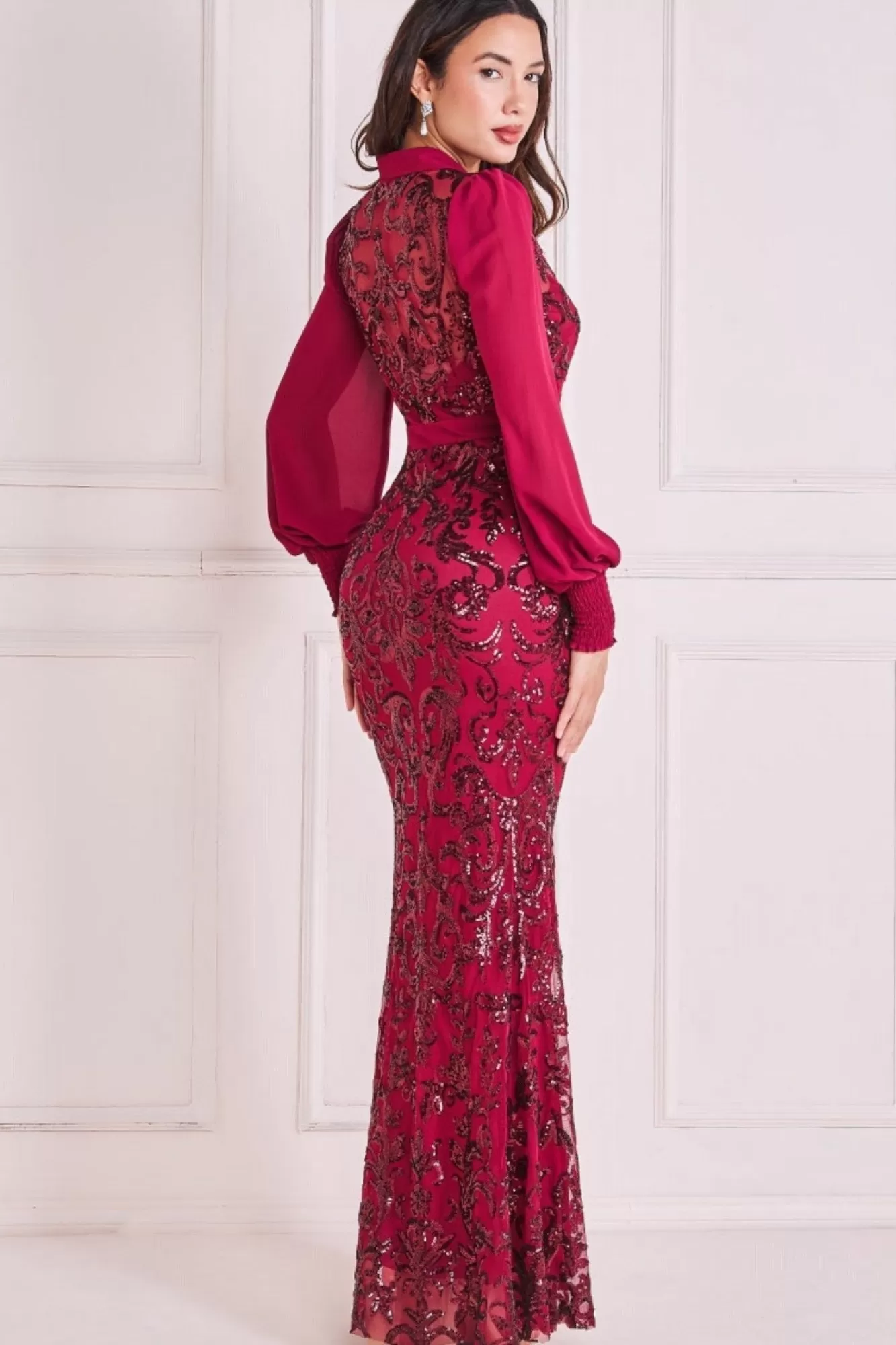 Maxi Dresses^* Sequin Mesh Shirt Maxi Chiffon Sleeves Burgundy