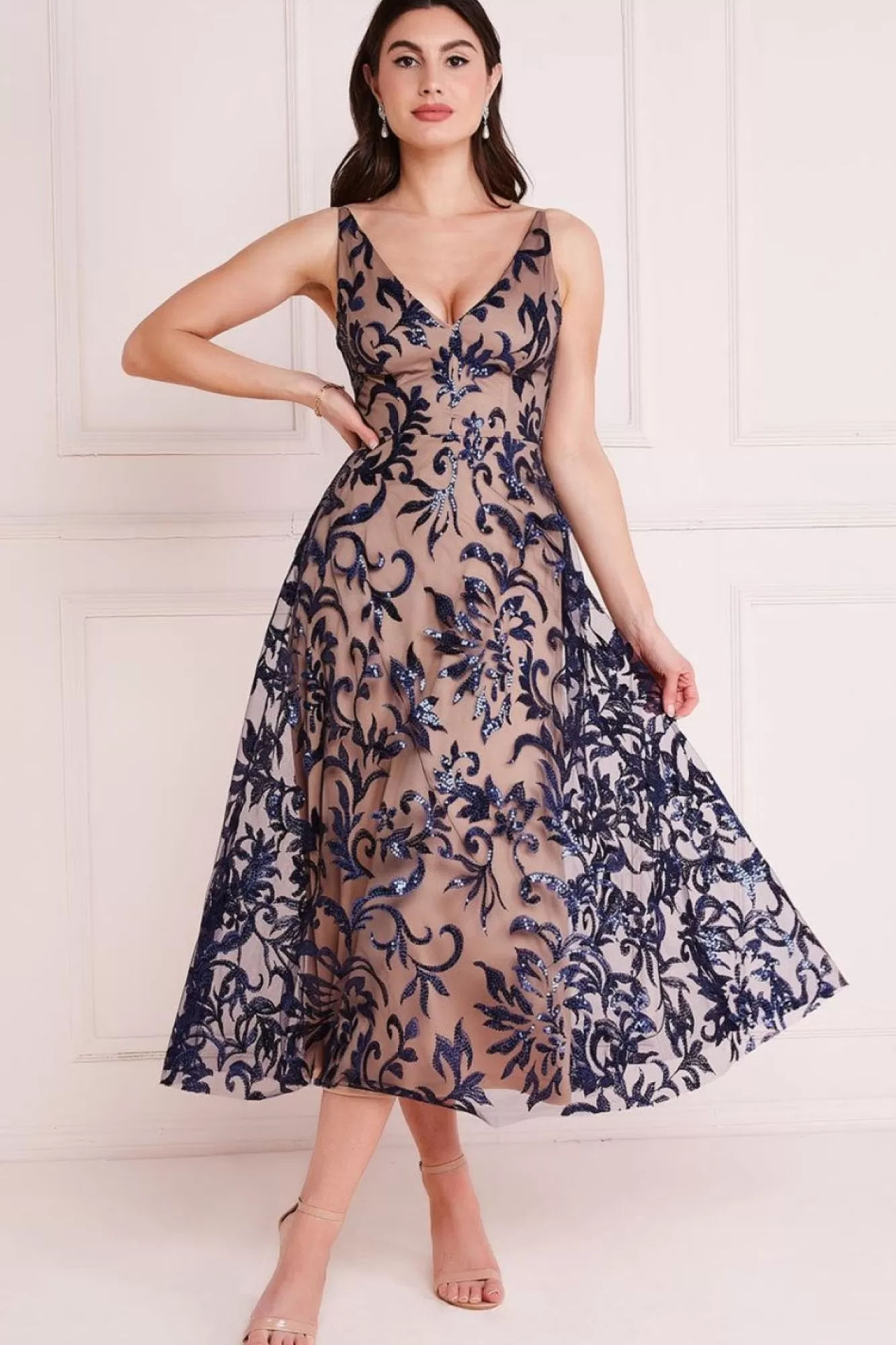 Midi Dresses^* Sequin Mesh V-Neck Flared Skirt Midi Navy
